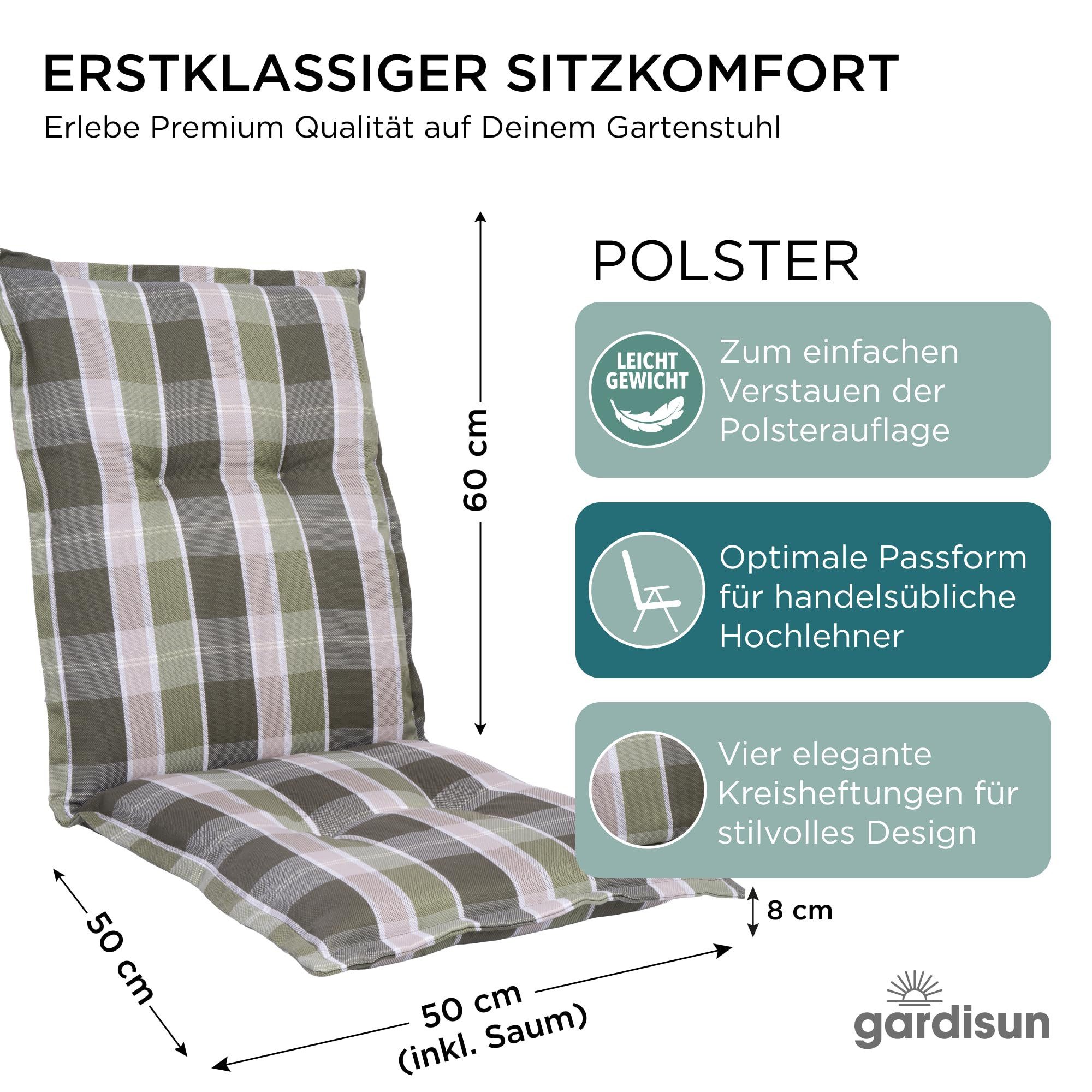 Gardisun Auflagekissen Gartenstuhlauflagen Polyacryl 8cm Dick Niedrig, (Extra dicke Sitzauflage, 1-8er Set, versch. Muster)