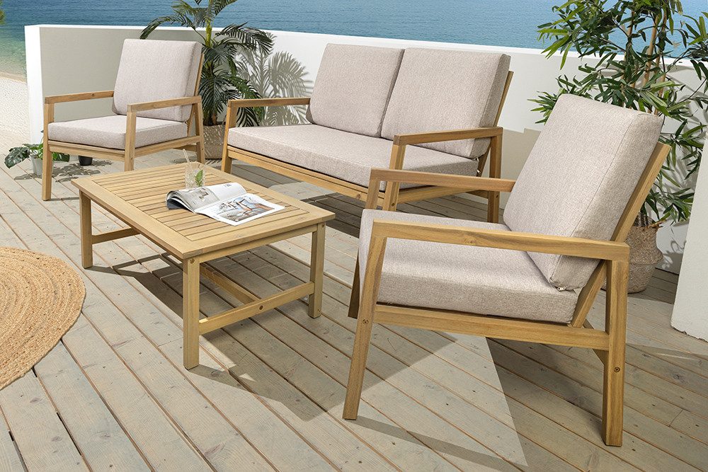 riess-ambiente Sitzgruppe BALI 110cm natur – Garten, wetterfest, 2x Sessel, 1x Sofa, 1x Tisch, (Set, 4-tlg), kompaktes Balkonset aus Massivholz – ideal für kleine Außenbereiche
