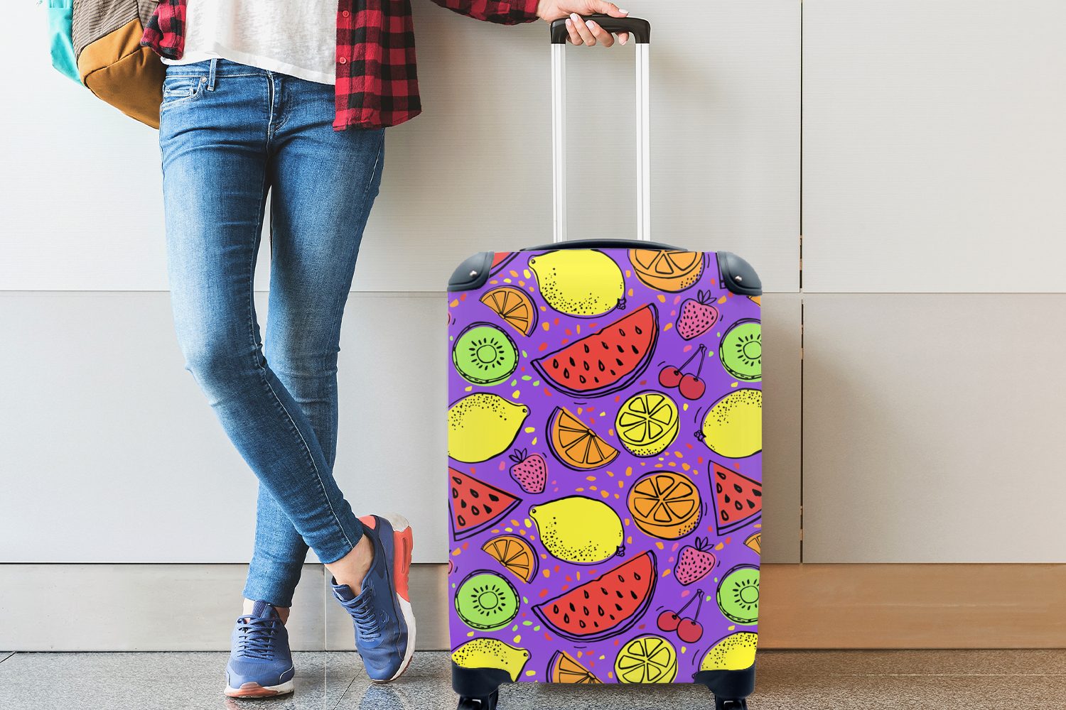 4 rollen, Neon - Trolley, Handgepäckkoffer Reisetasche Obst MuchoWow Reisekoffer Rollen, für mit Lila, Ferien, - Handgepäck