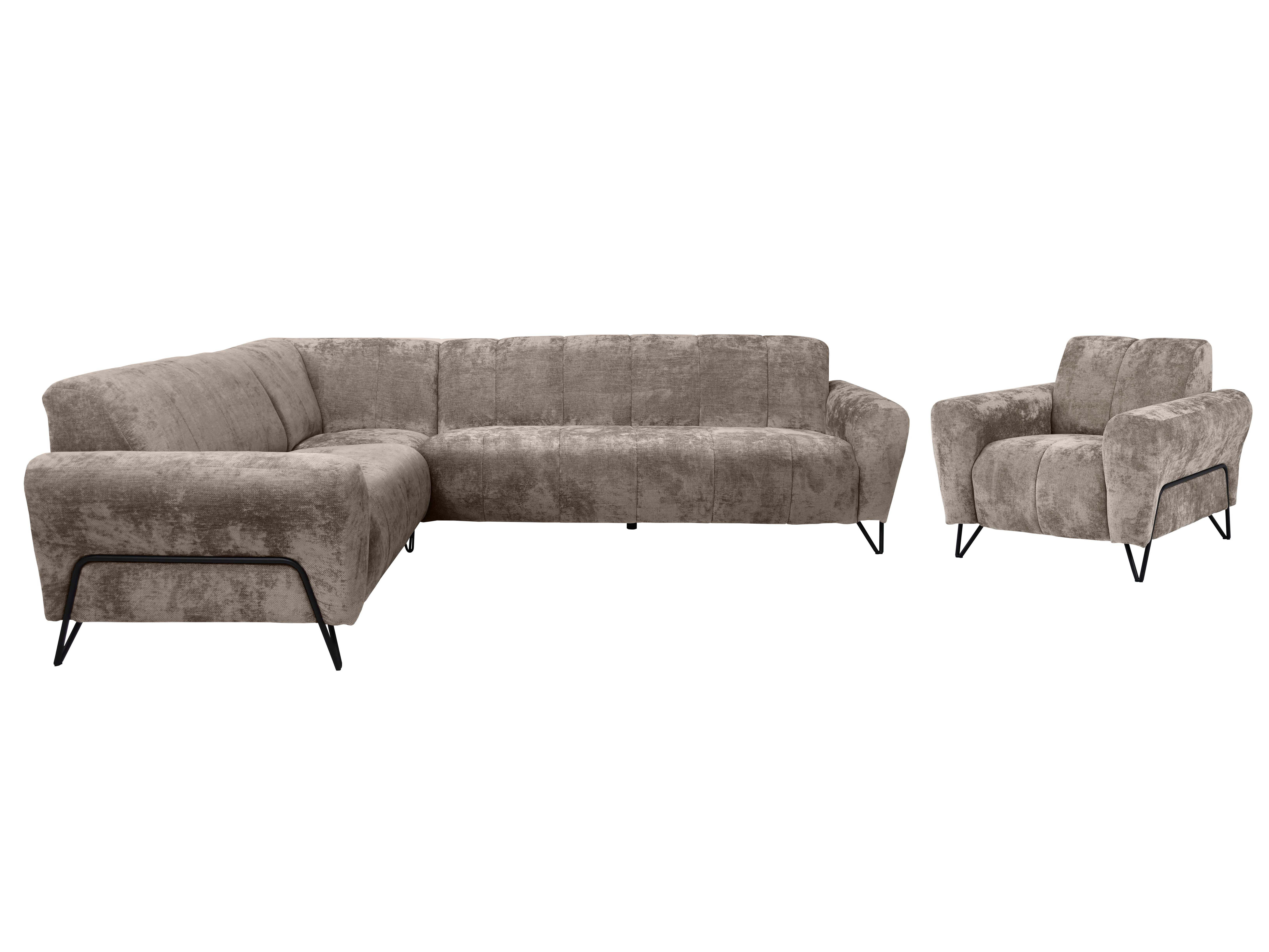 Beautysofa Polstergarnitur im modernen Stil auf hohen Metallbeinen VOLARE, (Sofagarnitur aus Chenille-Stoff, Beige Grau, Ecksofa L + Sessel Set moderne Couchgarnitur), HR-Schaum, Wellenfederung, freistehend