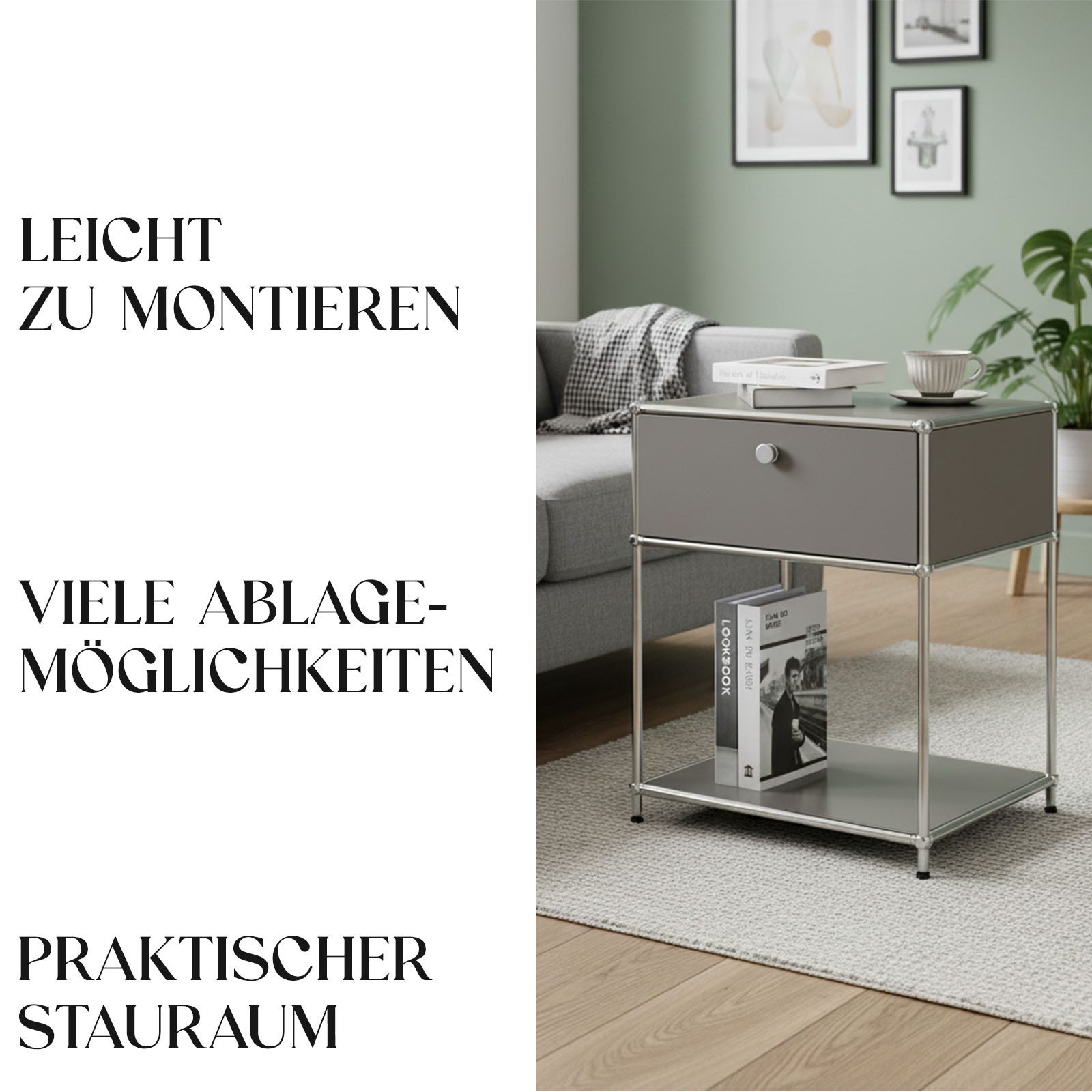 Floordirekt Beistelltisch Concept Epure MK-139, B50 × T40 × H65 cm, verschließbare Schublade (modular, kratzfeste Pulverbeschichtung), Beistellregal mit verchro – Bild 4 von 5