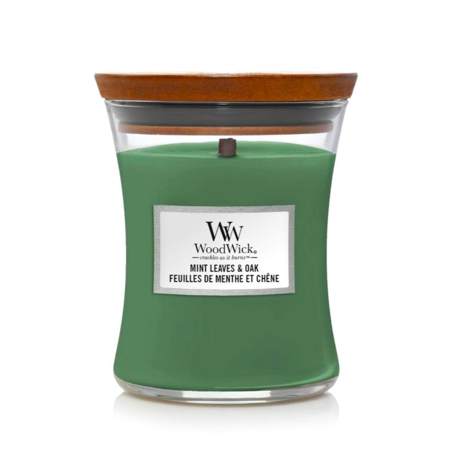 Woodwick Duftkerze Mint Leaves & Oak im mittelgroßen Sanduhr Glas mit Decke günstig online kaufen