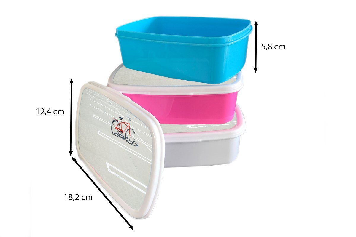 MuchoWow Snackbox, Kinder, Brotbox Erwachsene, Kunststoff rosa Ein Fahrrad, (2-tlg), Mädchen, Lunchbox geparktes Brotdose Kunststoff, für rotes