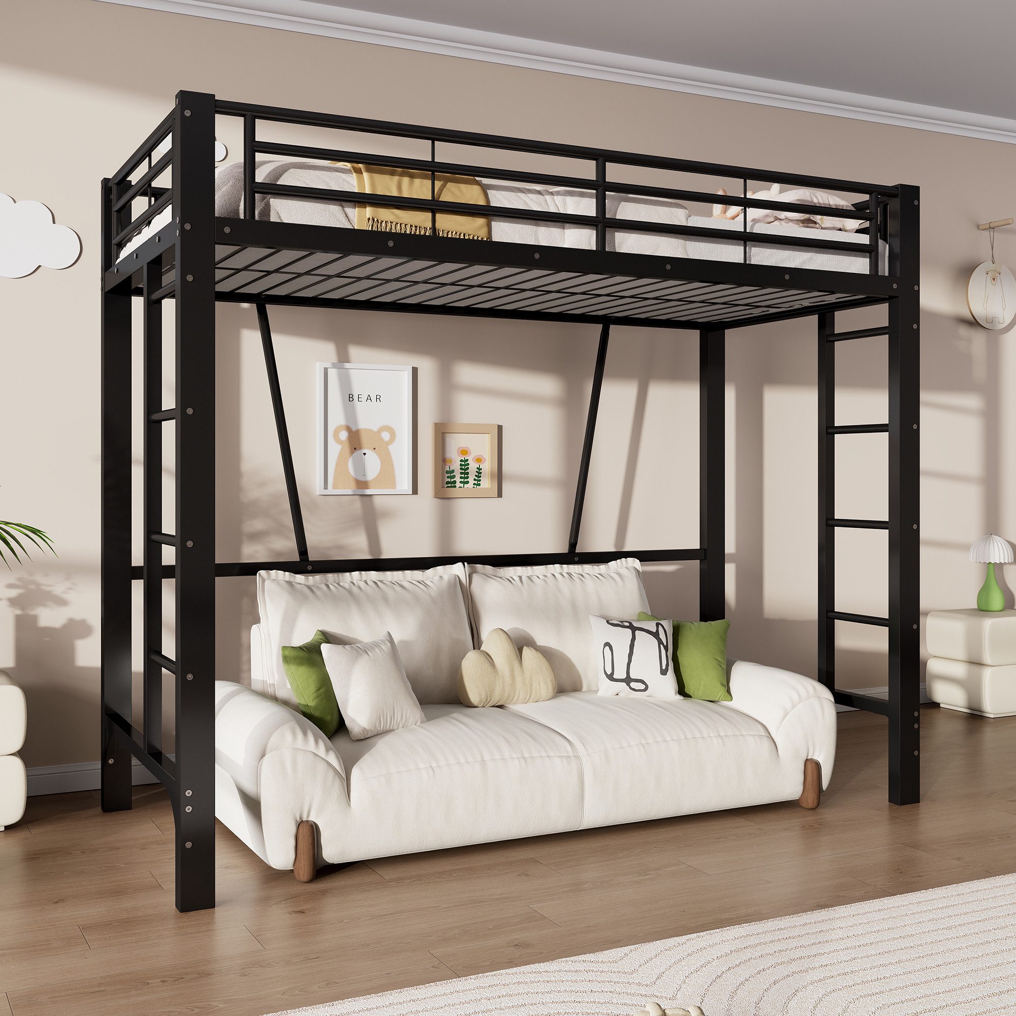 Flieks Hochbett Metallbett 90x200cm mit Doppelleiter, offener Raumgestaltung