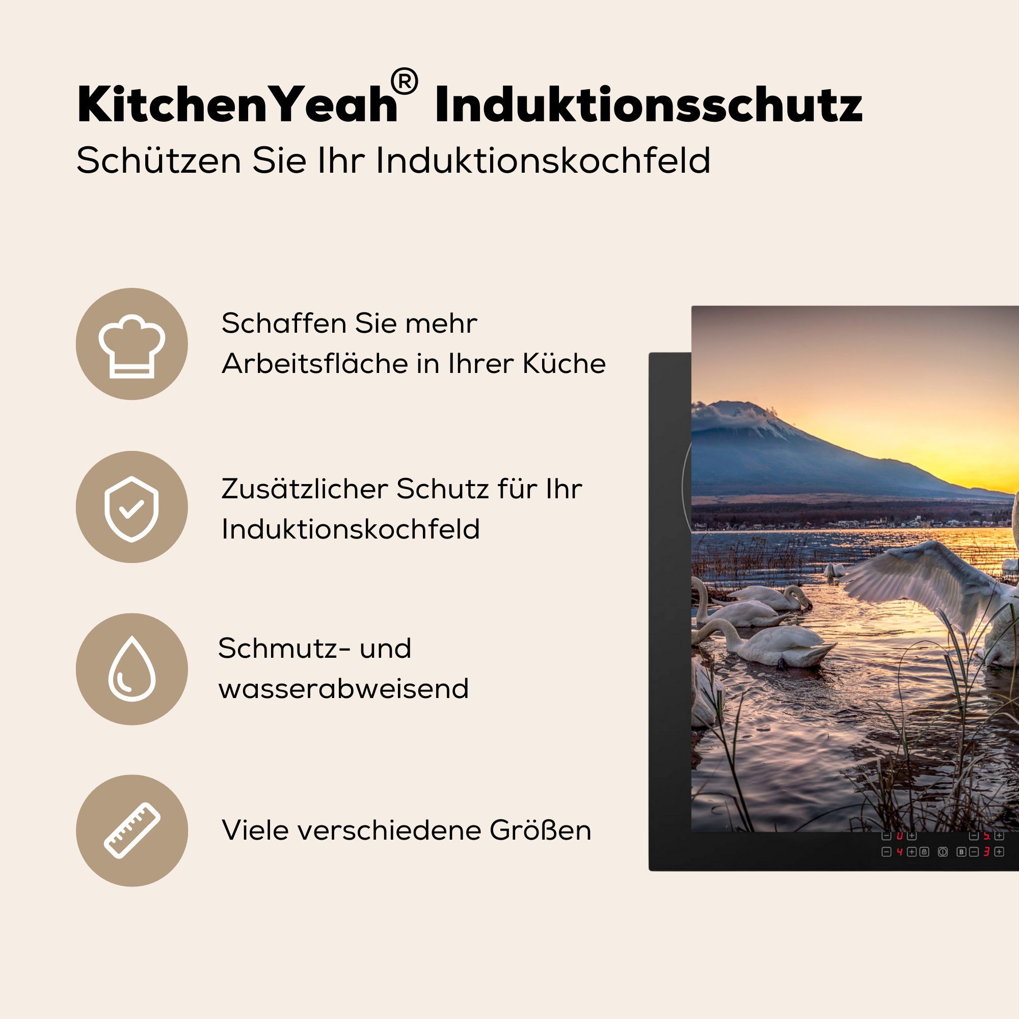 cm, Herdblende-/Abdeckplatte - küche Vinyl, MuchoWow Sonnenuntergang, Schwäne - 78x78 (1 Arbeitsplatte tlg), für Ceranfeldabdeckung, Flügel