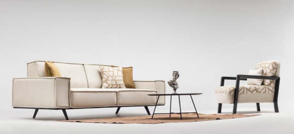 Sofa 3-Sitzer Stoffsofa Set mit Beige Polstermöbeln und modernem Design.