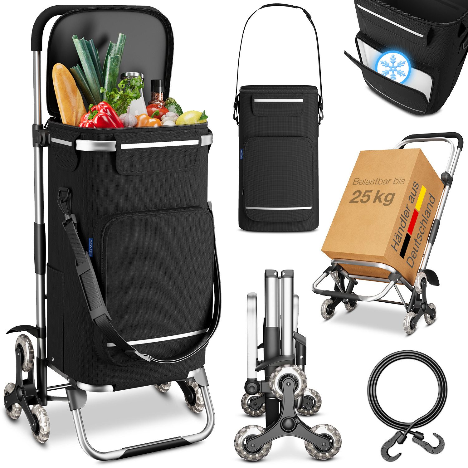 ELONEO Einkaufstrolley Treppensteiger, mit separater Kühltasche, klappbar, 43 l, 3+3 Rad-System, abnehmbare Tasche mit Schultergurt, extrem leicht