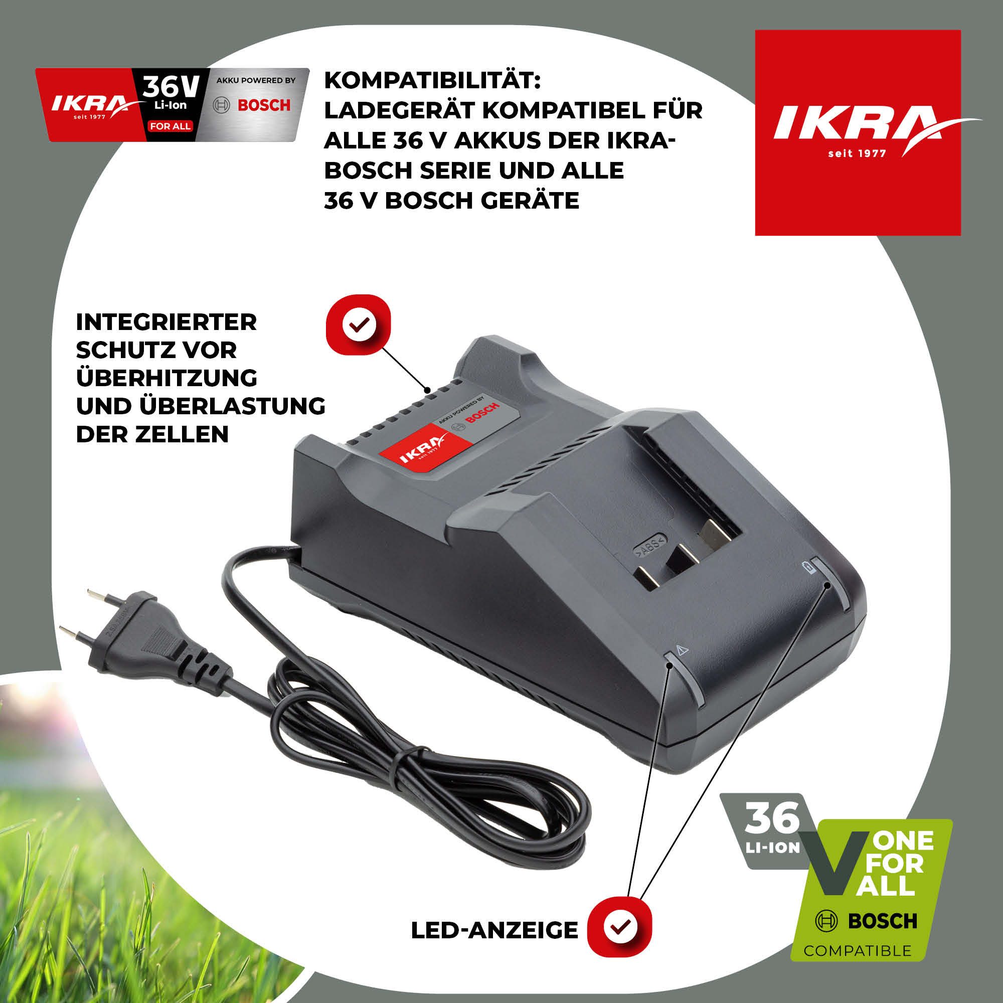 ikra GmbH AL 36-V-20 Batterie-Ladegerät (2000 mA, 1-tlg., schnelle Ladung, Kompatibilität mit BOSCH 36V & IKRA BOSCH 36V Serie)