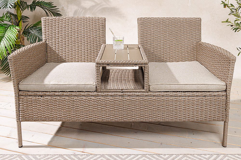 riess-ambiente Gartenbank PORTOFINO 140cm natur / beige (Einzelartikel, 1-St), Polyrattan · Balkon · Terrasse · Outdoor 2-Sitzer mit Tisch & Kissen