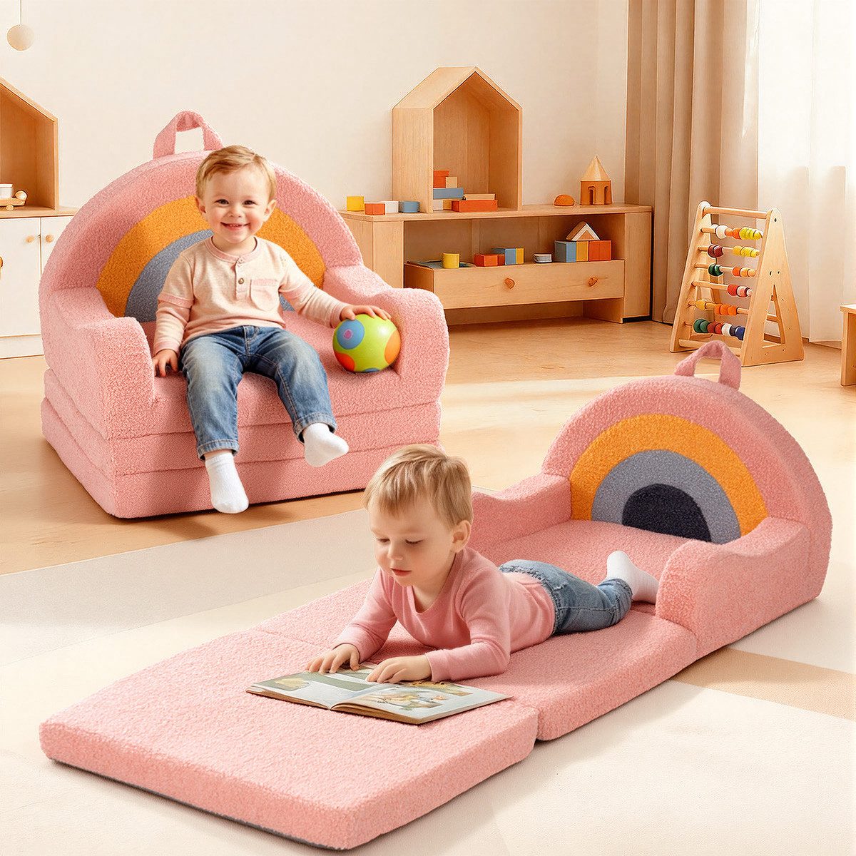Insma Kindersofa 2-in-1 Kinder Schlafsofa Spielsofa Sofabett Klappbar, Kindersessel Spielcouch mit Regenbogen-Design, 120×50×41cm, Maximale Tragfähigkeit 45 kg