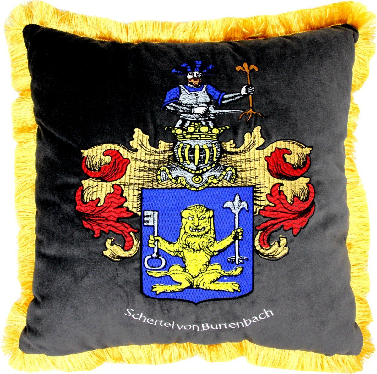 Casa Padrino Dekokissen Luxus Deko Kissen Wappen Freiherr Schertel von Burtenbach Grau / Gold | Dekokissen