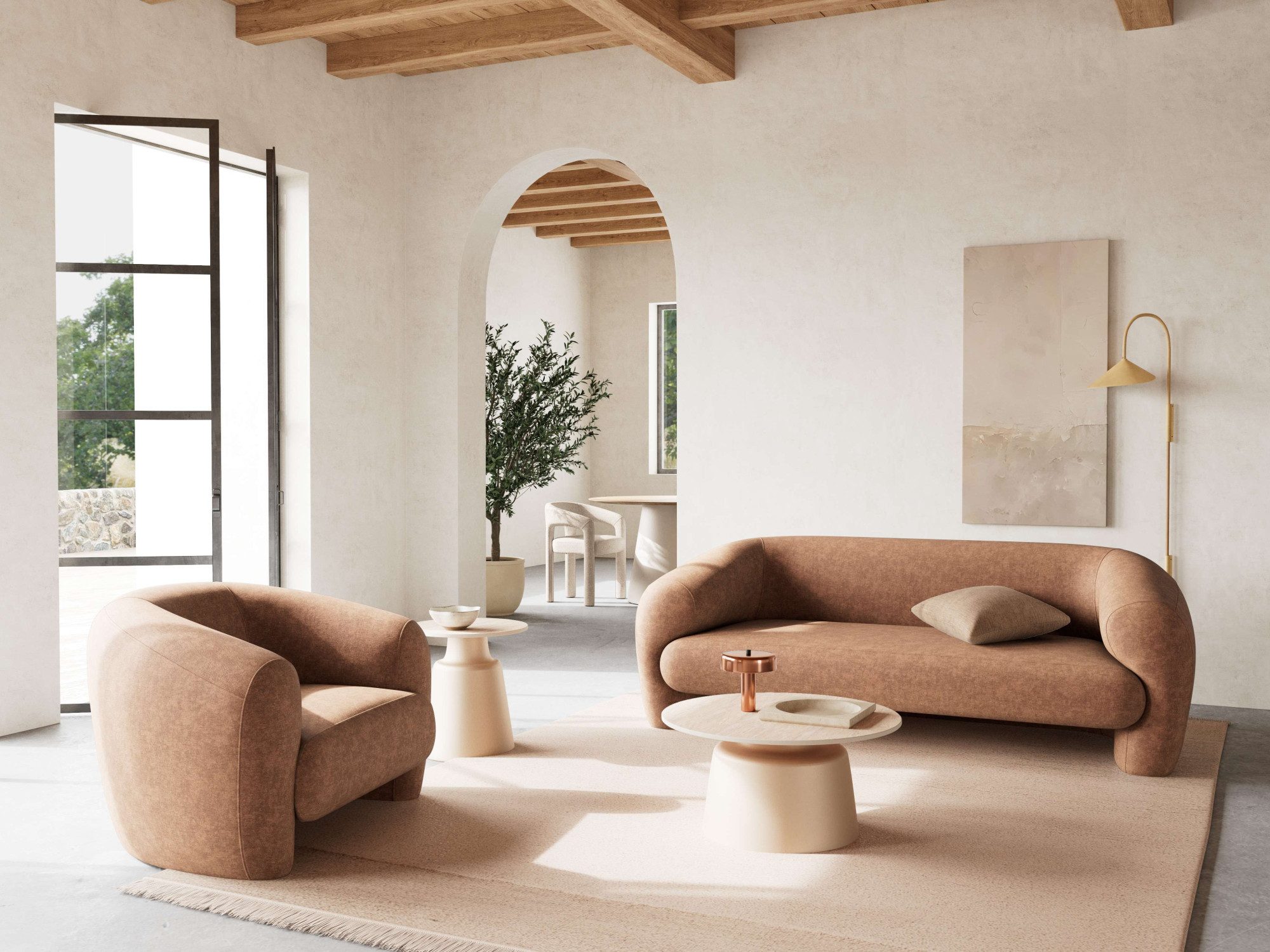 ACTONA GROUP Couchtisch Santorini Kaffetisch - modern & stilvoll mit langlebiger Keramikplatte, Hellbeige Travertin-Keramik, graues Stahlgestell. Ø: 70 cm – Bild 2 von 5
