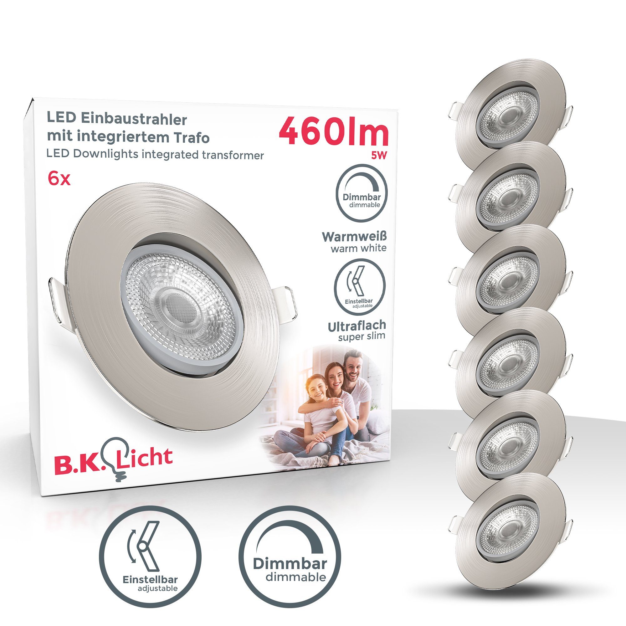 B.K.Licht LED Einbaustrahler SET 6x Einbauleuchten 90mm dimmbar ultra-flach schwenkbar - BKL1285, Dimmfunktion, LED fest integriert, Warmweiß, 6 Einbauspots Decke 5W 460Lm 3000K Deckenausschnitt Ø68mm Matt-Nickel