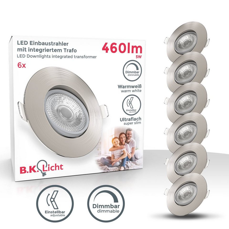 B.K.Licht LED Einbaustrahler SET 6x Einbauleuchten 90mm dimmbar ultra-flach  schwenkbar - BKL1285, Dimmfunktion, LED fest integriert, Warmweiß, 6  Einbauspots Decke 5W 460Lm 3000K Deckenausschnitt Ø68mm Matt-Nickel