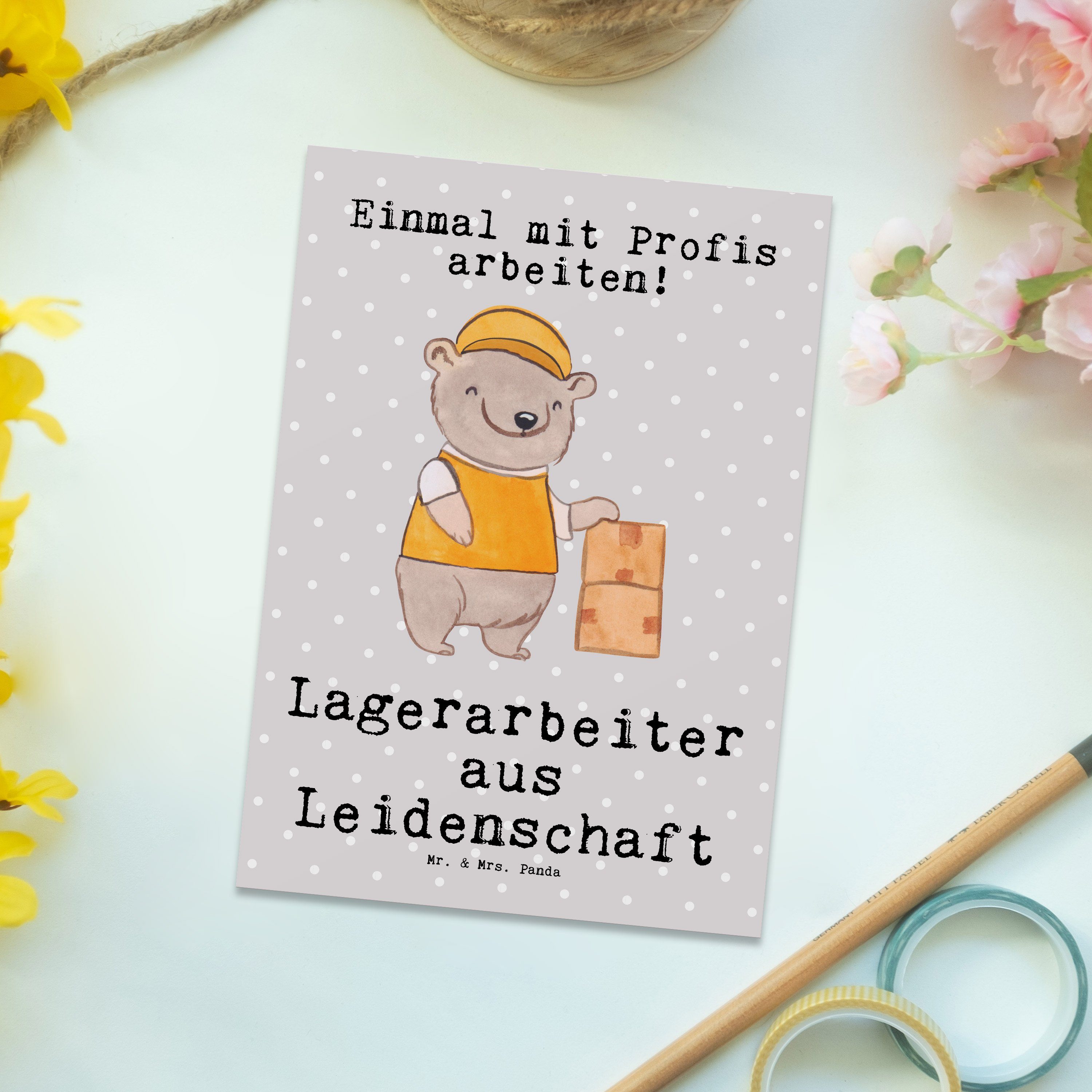 Mr. - Lagerarbeiter Grau Panda Postkarte & Mrs. Geschenk, Fachlageris Leidenschaft - aus Pastell