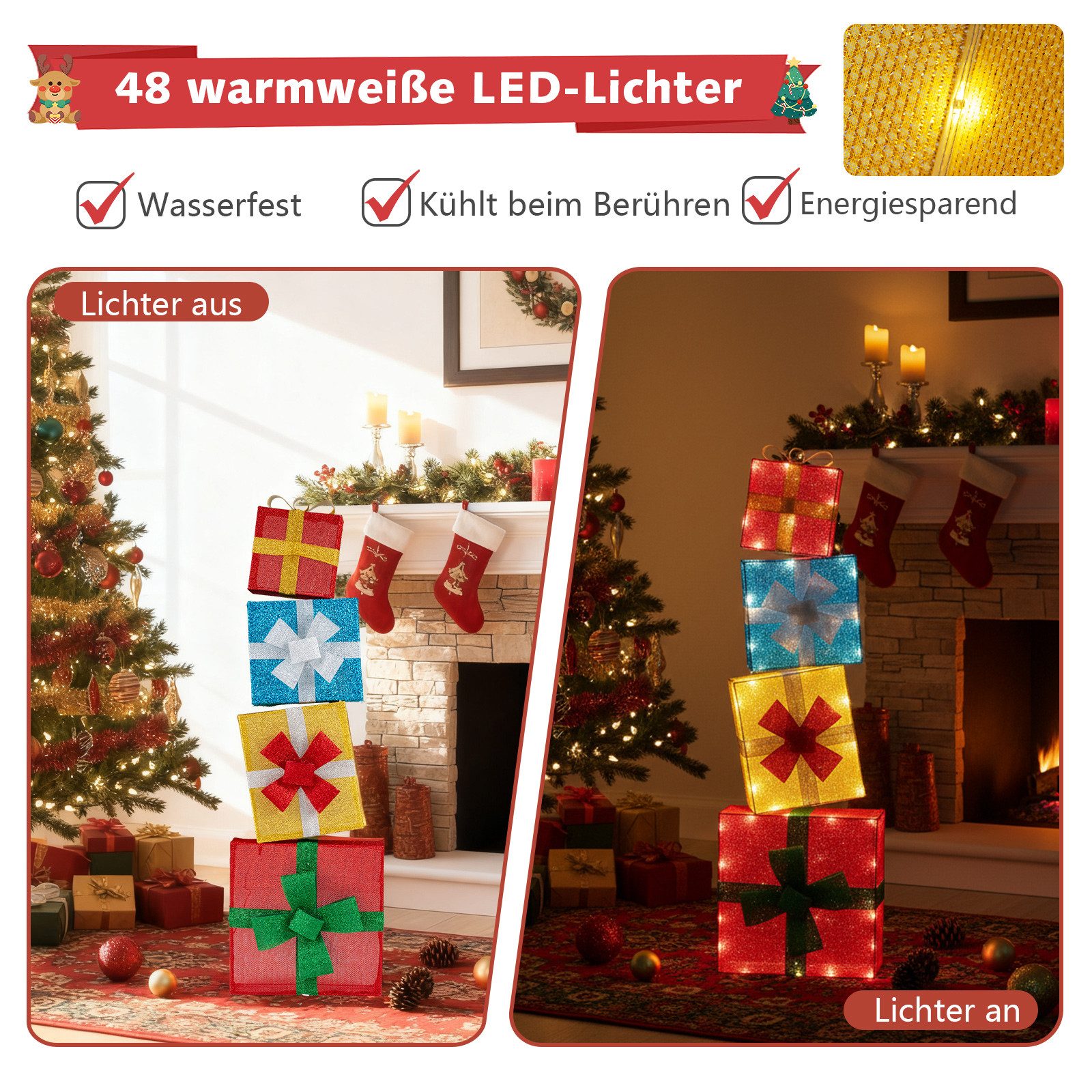 COSTWAY Weihnachtsfigur, LED Geschenkbox, Weihnachtsdeko, gestapelt