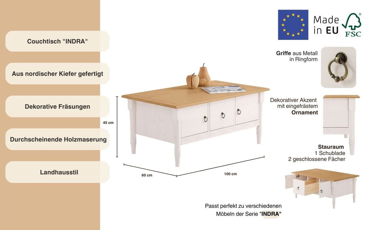 OTTO home Couchtisch Indra, aus massiver Kiefer, FSC®, mit Stauraum, dezentes Ornament