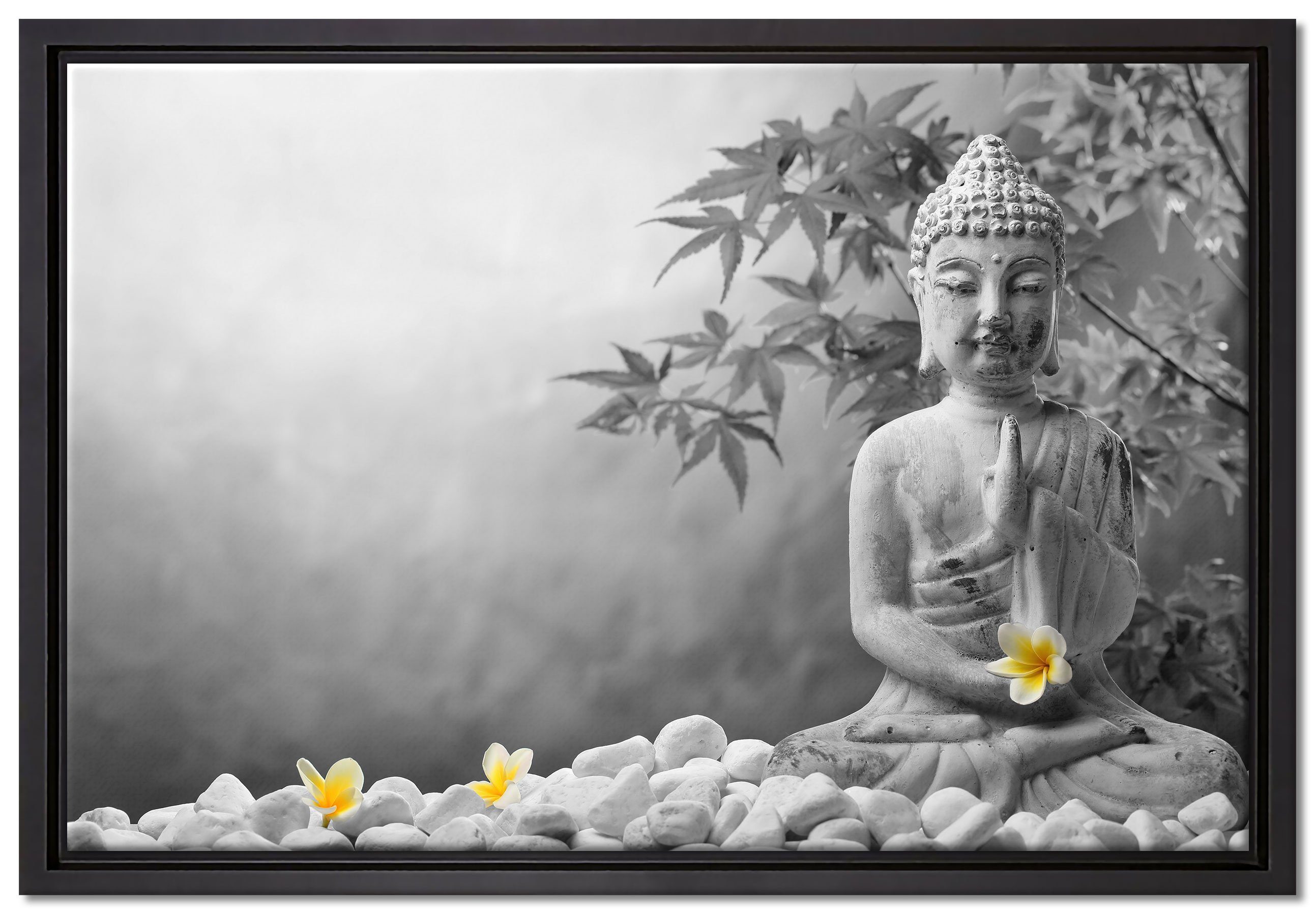 Pixxprint Leinwandbild Buddha mit Monoi Blüte in der Hand, Wanddekoration (1 St), Leinwandbild fertig bespannt, in einem Schattenfugen-Bilderrahmen gefasst, inkl. Zackenaufhänger