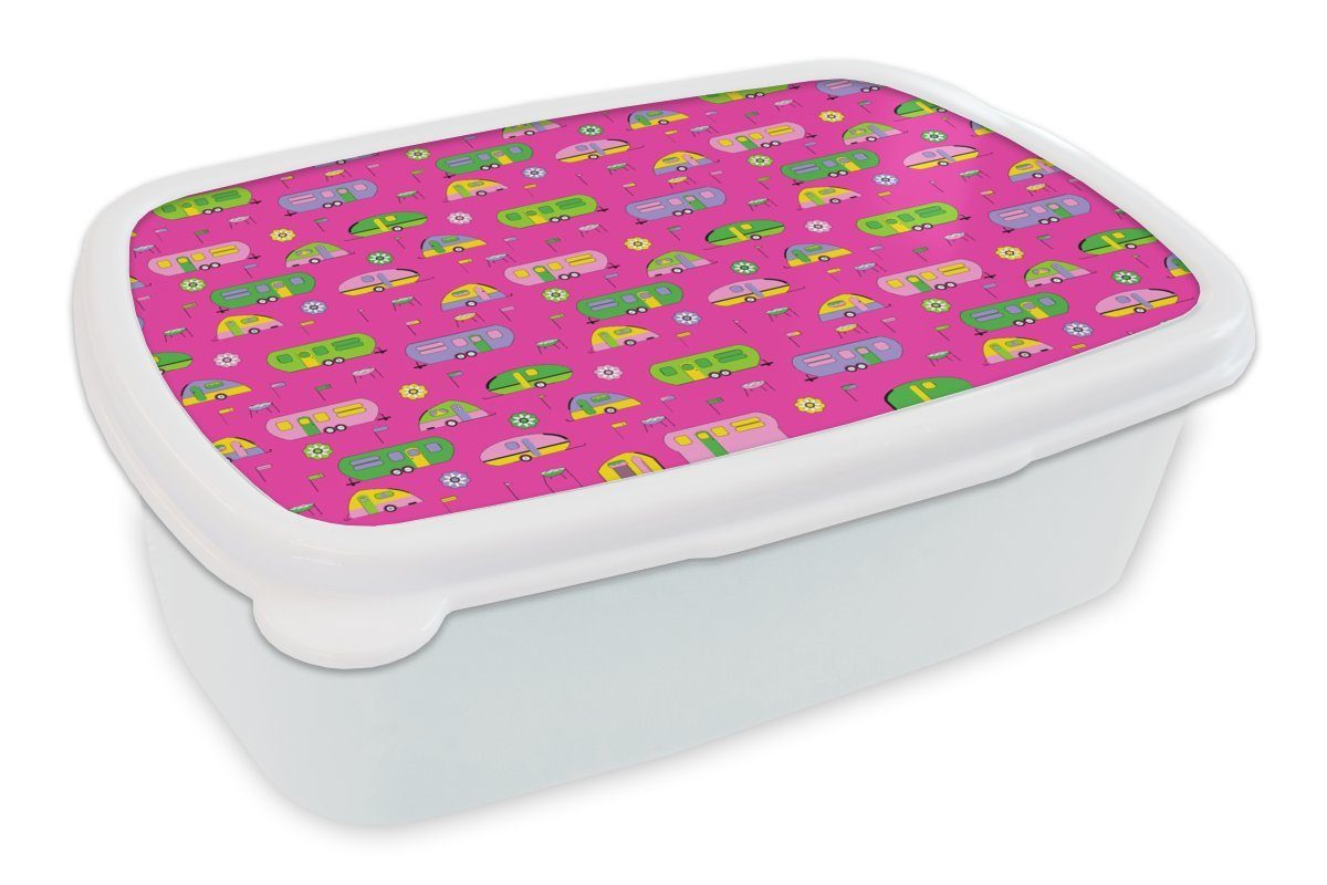 MuchoWow Lunchbox Sommer - Wohnwagen - Schnittmuster, Kunststoff, (2-tlg), Brotbox für Kinder und Erwachsene, Brotdose, für Jungs und Mädchen weiß