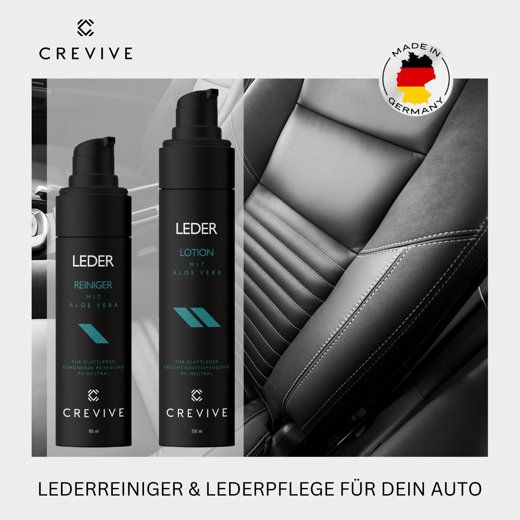 CREVIVE Auto Lederpflegeset (SPARSET, 1x Lederreiniger + 1x Lederpflege + 1x Bürste + 1x Schwamm + 1x Tuch), mit Aloe Vera, Lederpflege Auto, Lederreiniger Auto