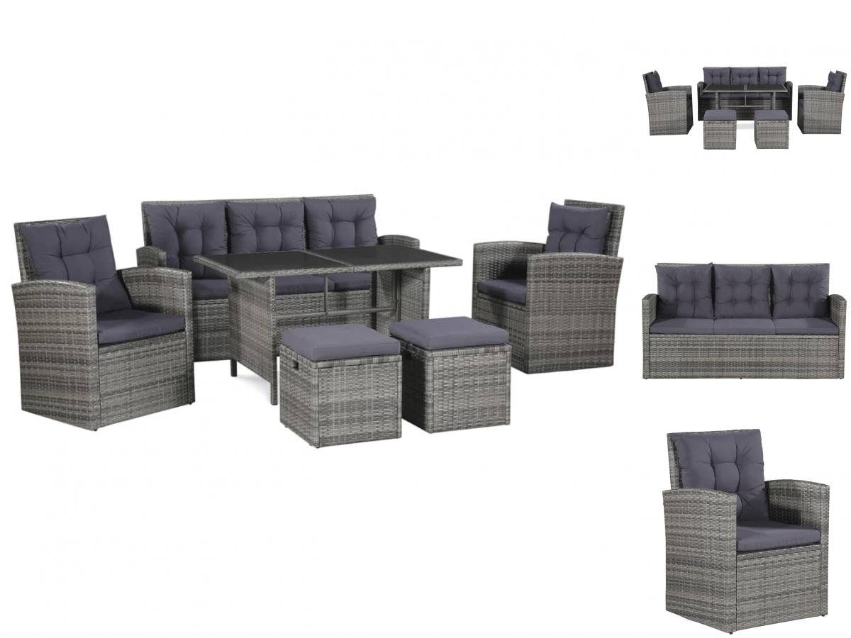 vidaXL Garten-Essgruppe 6-tlg Garten Lounge Set mit Auflagen Poly Rattan Grau Sitzgruppe Set L