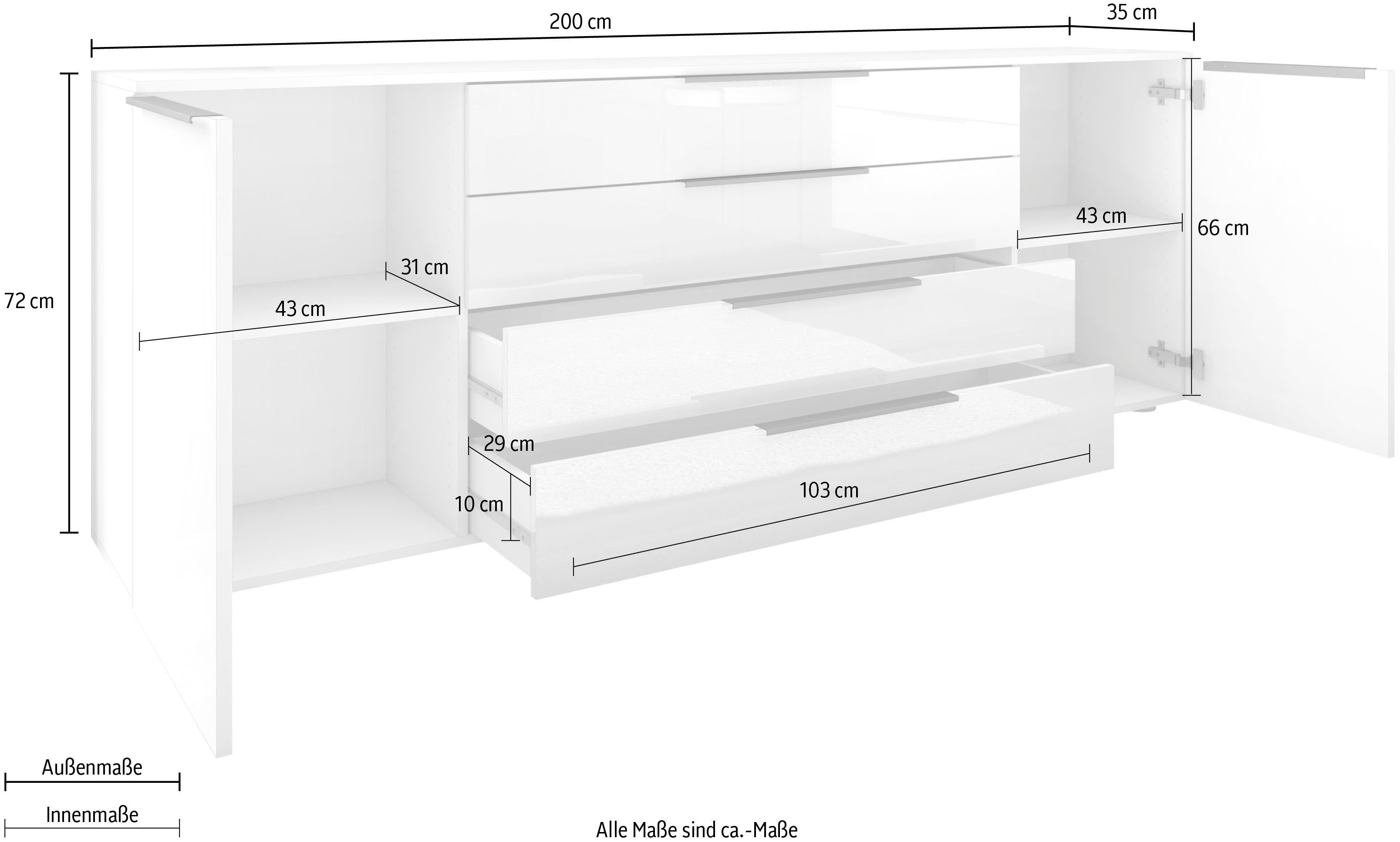 borchardt Möbel Sideboard Tom, moderne Kommode mit Metallgriffen, 200cm breit, 2 Türen, 3 Schubfächer, Metallgriffe anthrazit