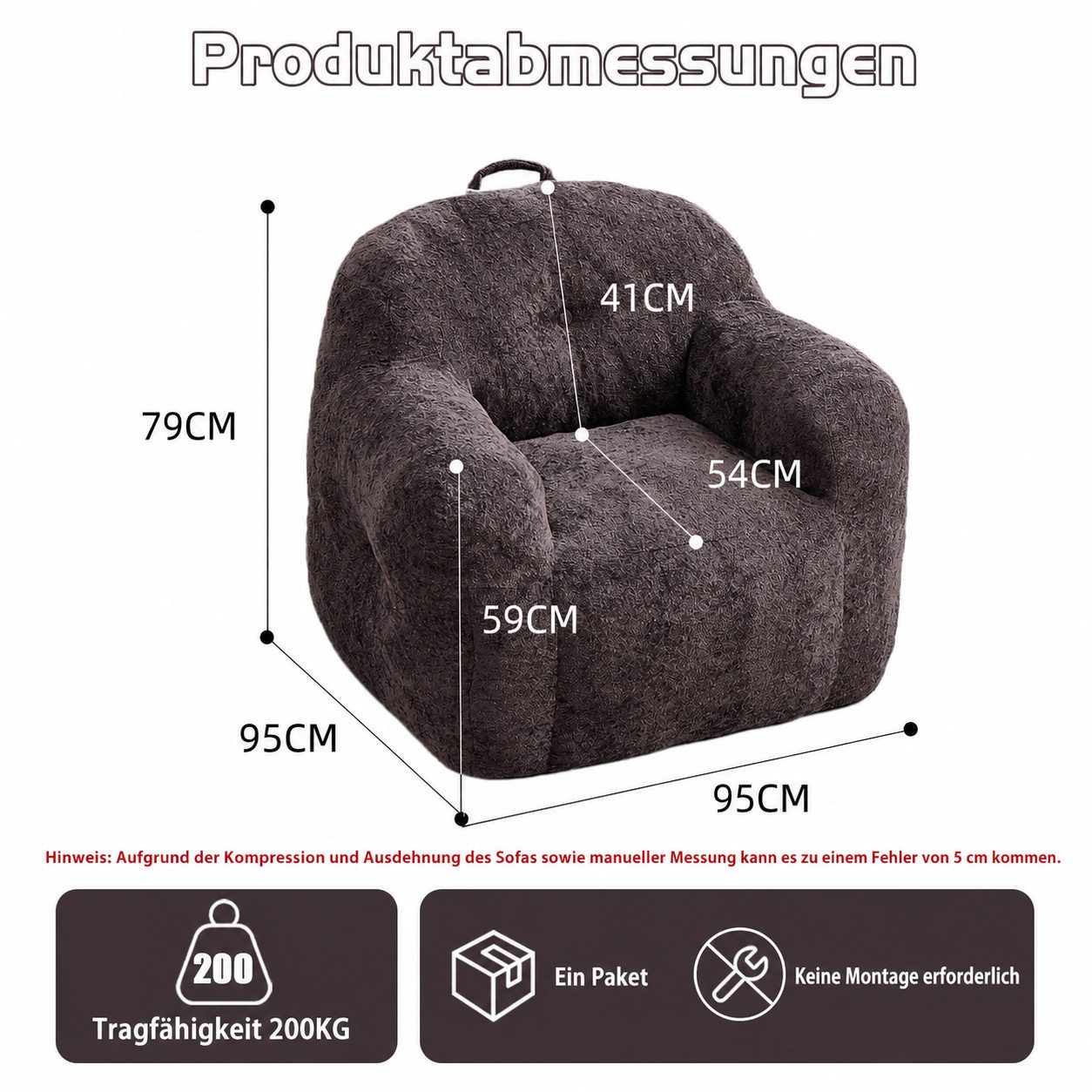 Vankel Relaxliege Sofas Wohnzimmer Loungesessel aus Chenille-Kunstfell weich, Bean Bag Sessel mit Schaumstoffflocken und ohne Montage