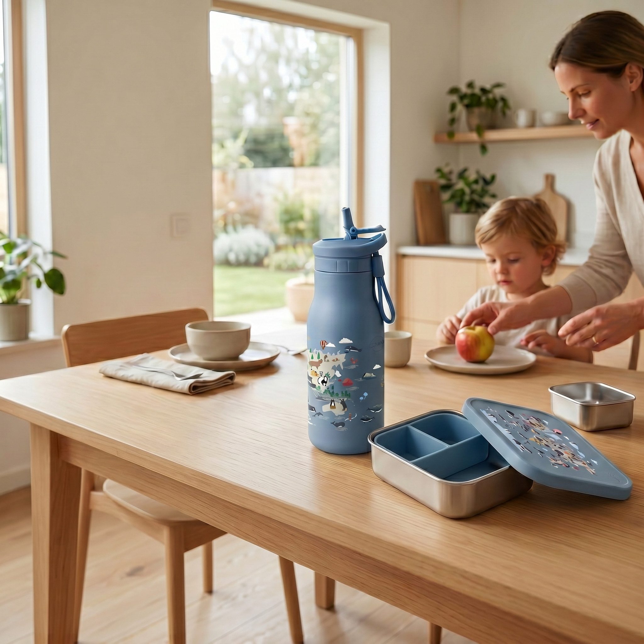 JENARD Lunchbox Set Brotdose & Trinkflasche Edelstahl – Weltkarte mit Tiere Blau, Edelstahl, PP, (2-tlg., 2-teilig, Brotdose und Trinkflasche), BPA-frei, kindge – Bild 3 von 5