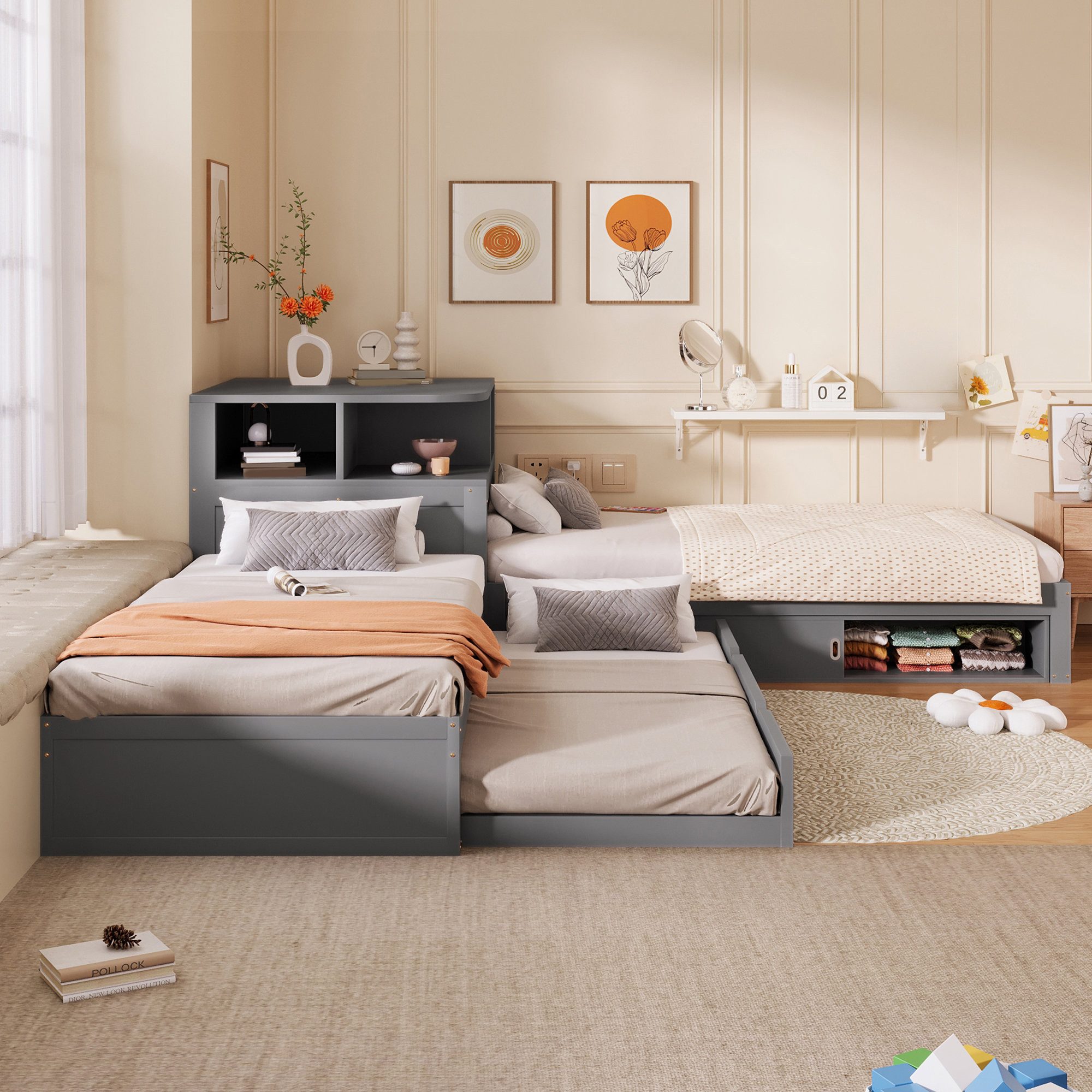 Odikalo Einzelbett Jugendbett L-förmiges Plattformbett mit Ausziehbett