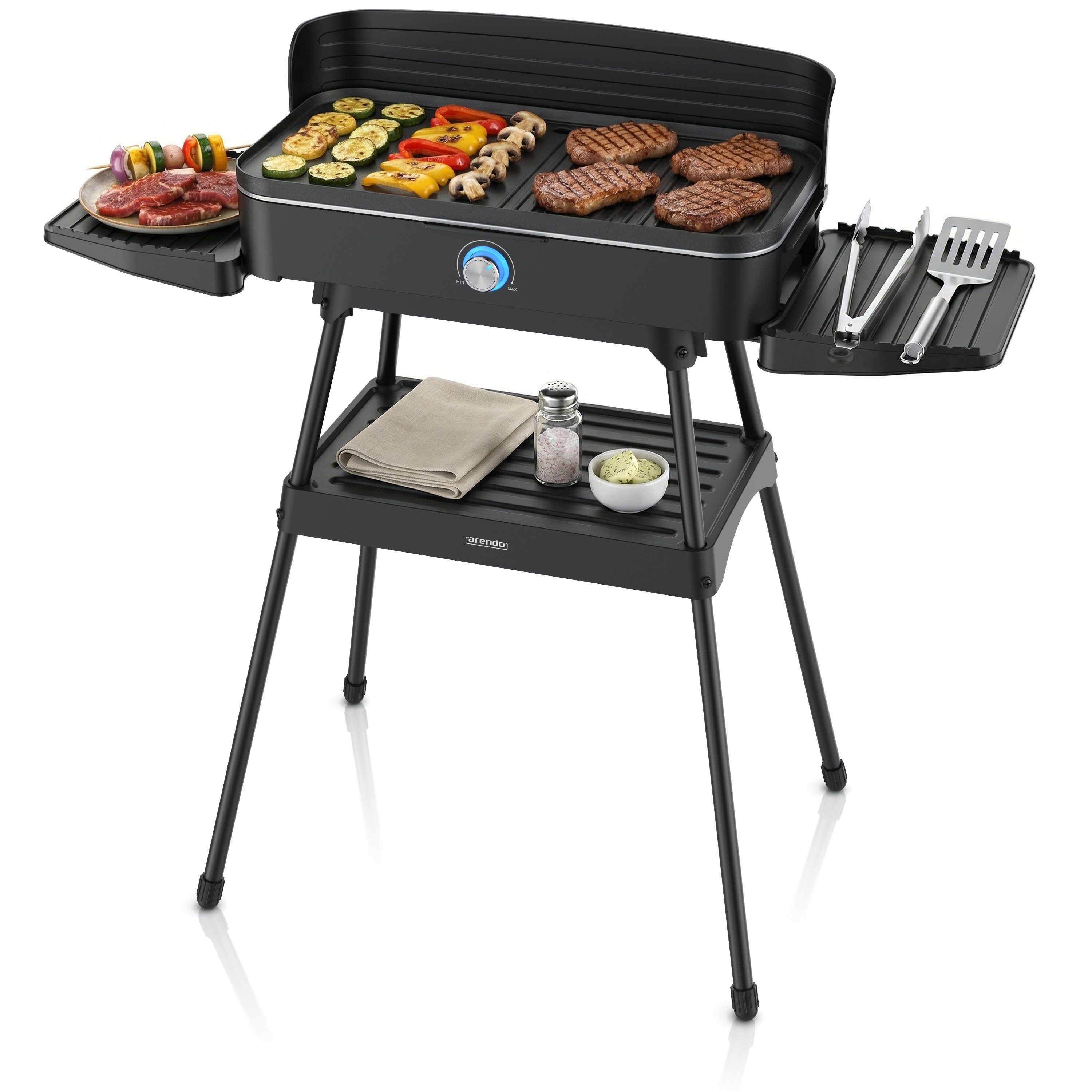 Arendo Tischgrill Gourmet Elektrogrill mit Standfuß, Edelstahl, 2 Grillzonen, elektrisch, 2200 W, Antihaftbeschichtung, Temperaturregelung, für Balkon, Garten & Indoor