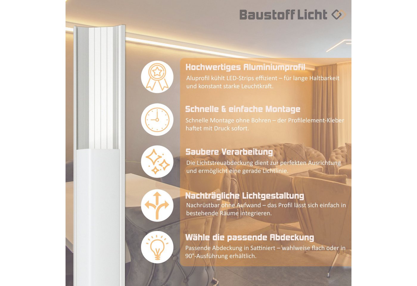 Thumbnail - LED Profilelement Profil (311.01, 1-St., Aluprofil + LichtstreuabdeckungAluprofil + 90 Grad Lichtstreuabdeckung)