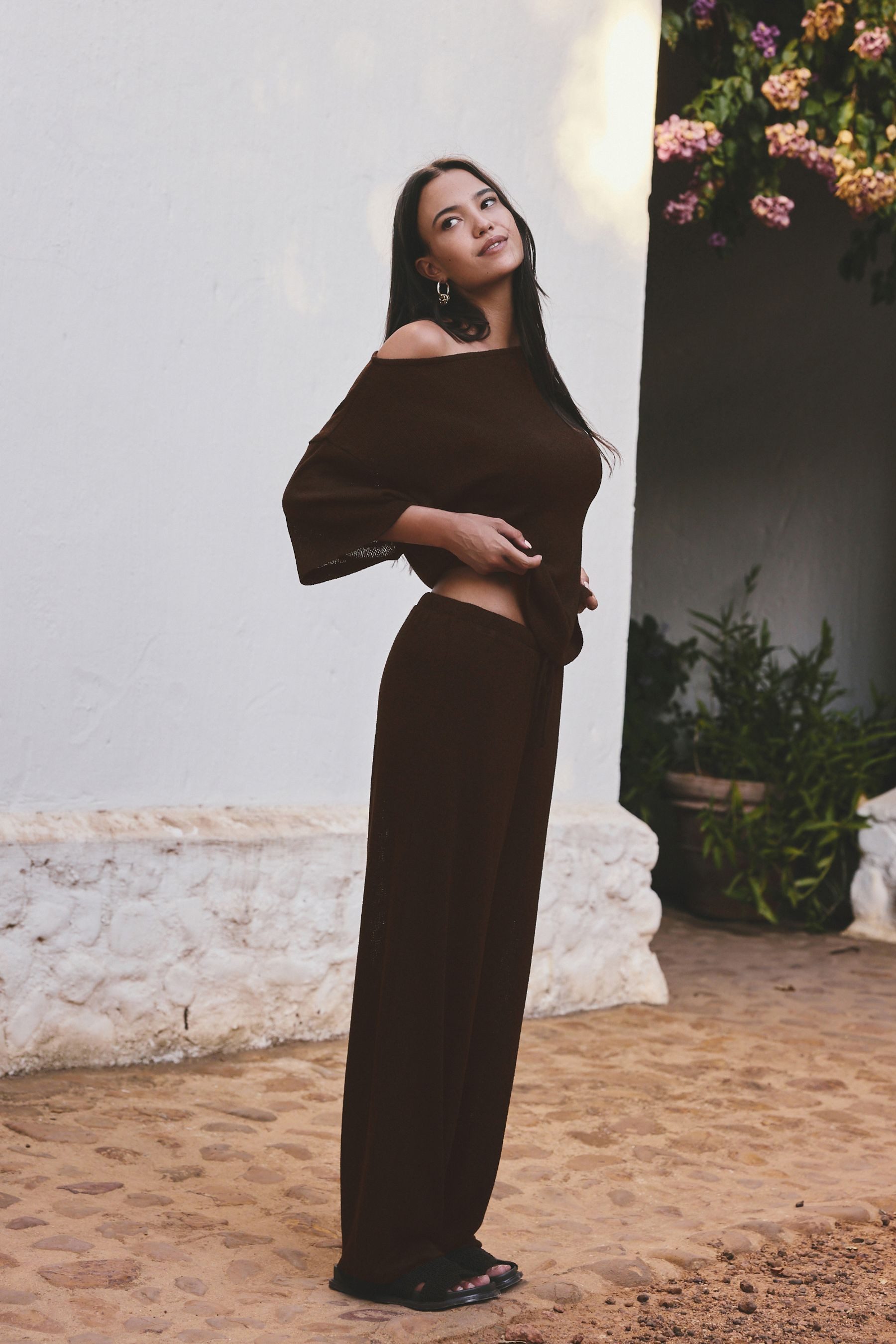 Next Palazzohose Hose mit weitem Bein im Strick-Look (1-tlg)
