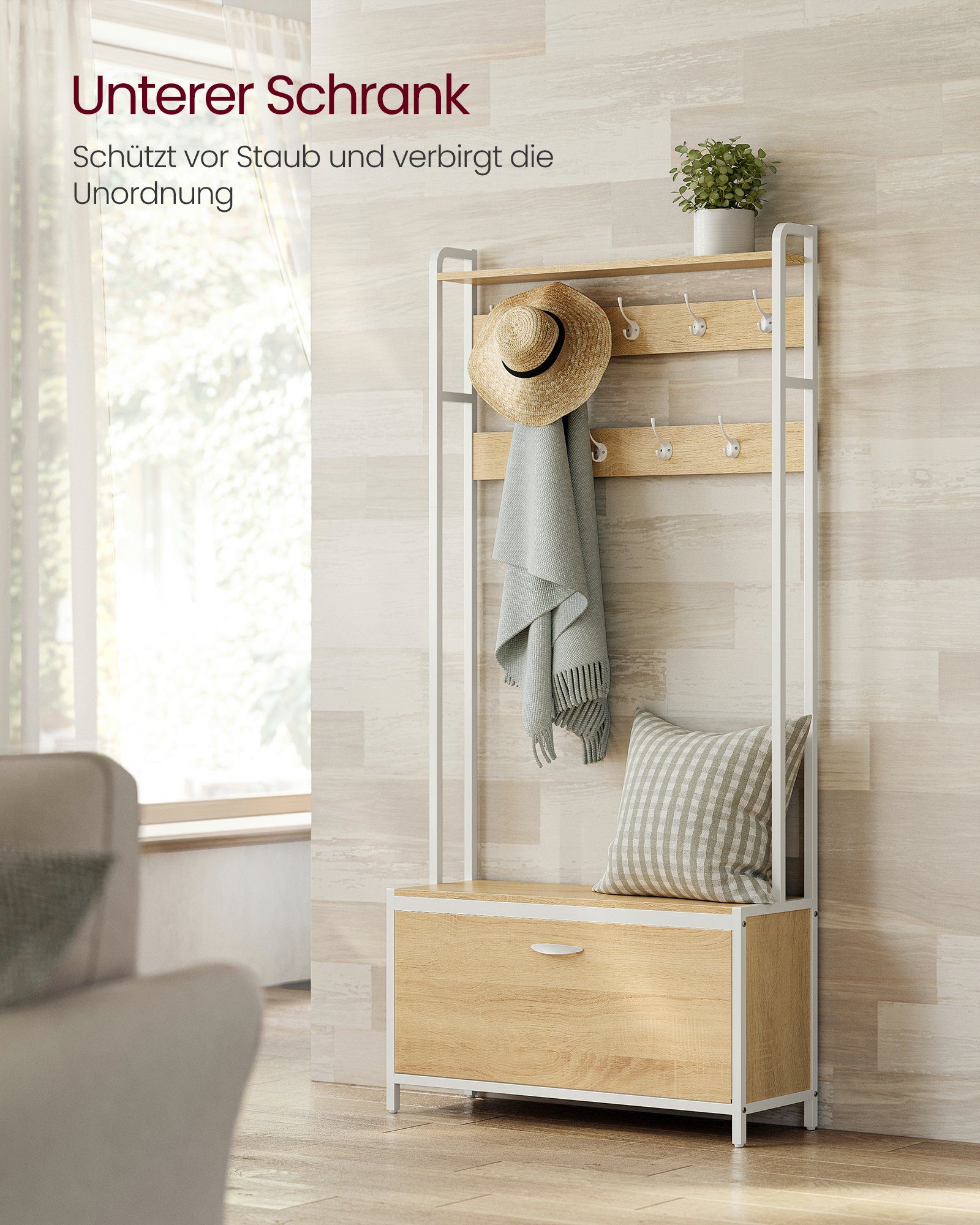 VASAGLE Garderobenständer Sitzbank, 30 85 cm 180 Eichenfarben-Weiß mit x x Garderobe