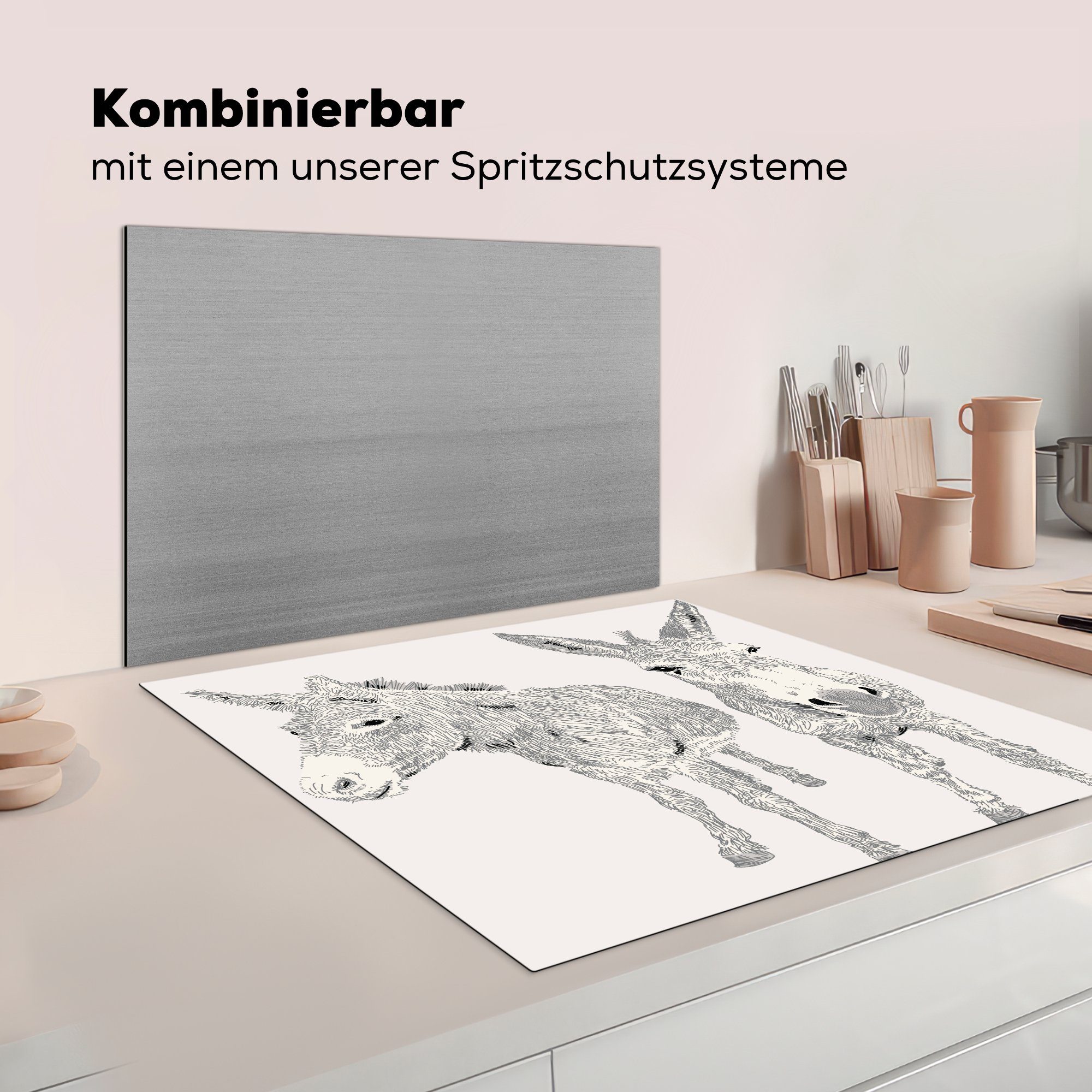 cm, Ceranfeldabdeckung, Illustration Eine von Arbeitsplatte MuchoWow Eseln, küche zwei 78x78 Herdblende-/Abdeckplatte (1 Vinyl, tlg), für