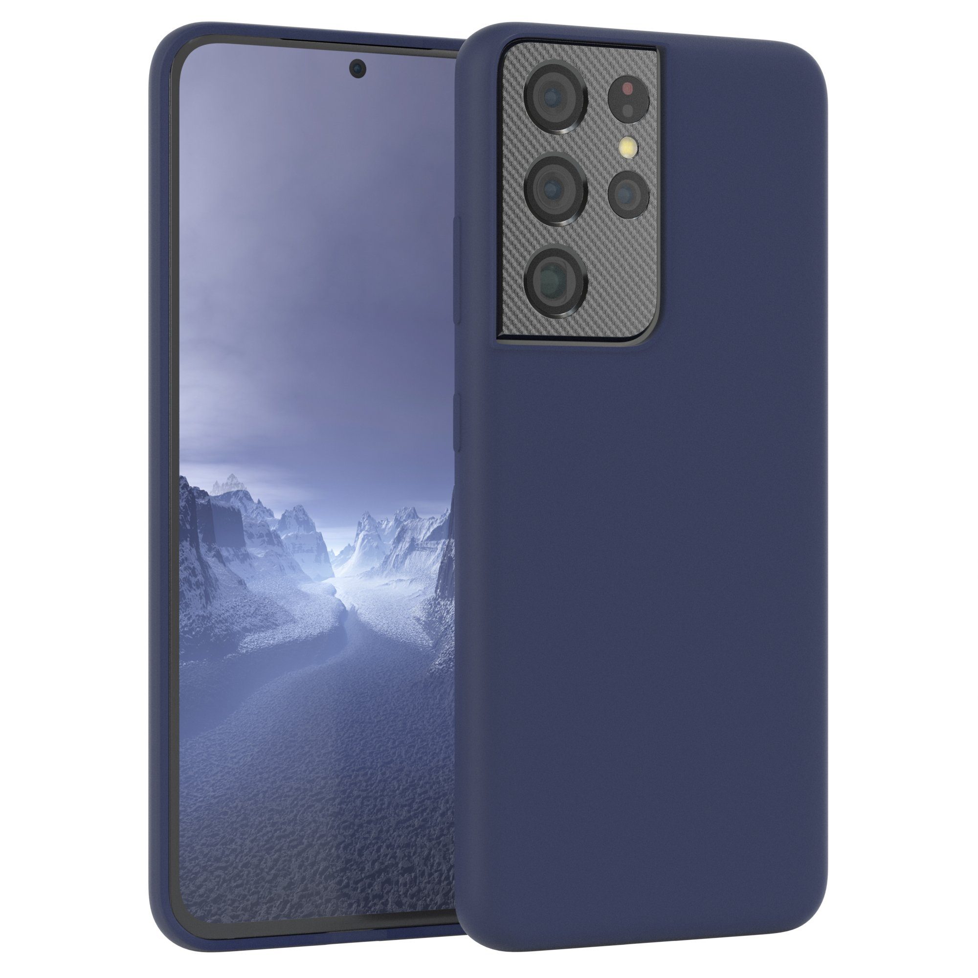 EAZY CASE Handyhülle Premium Silikon Case für Samsung Galaxy S21 Ultra 6,8 Zoll, Handy Softcase Hülle Silikon mit Displayschutz Case Blau / Nachtblau