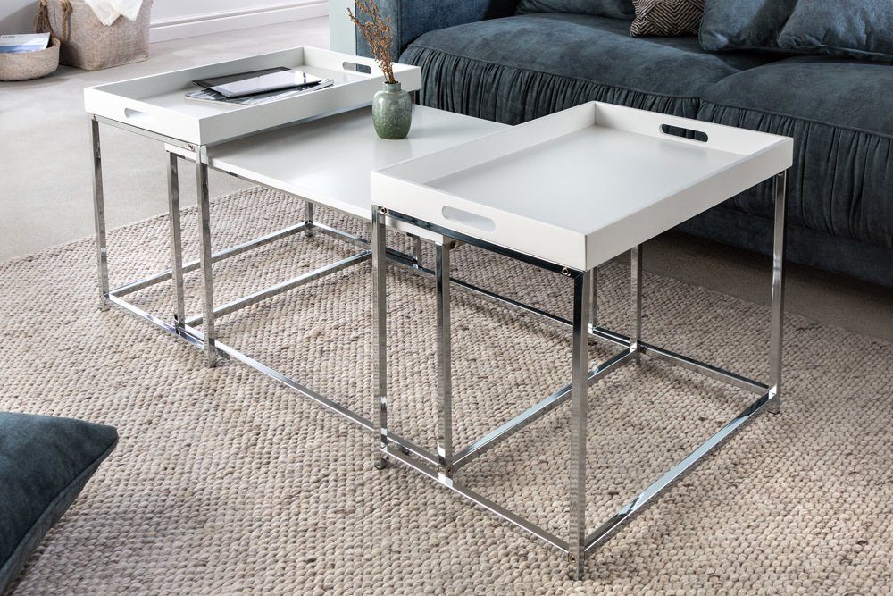 riess-ambiente Couchtisch ELEMENTS 75cm weiß / silber (Set, 3-St), Wohnzimmer · Holzwerkstoff · Metall · abnehmbares Tablett · Design weiß | weiß