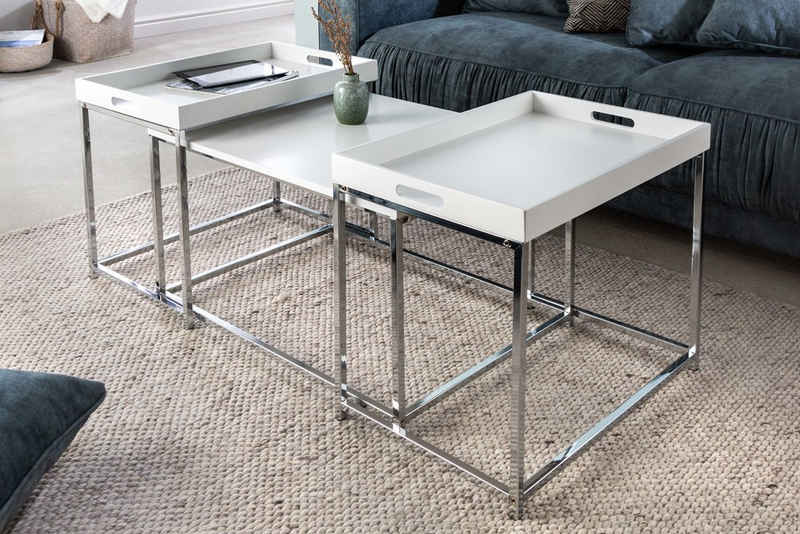 riess-ambiente Couchtisch ELEMENTS 75cm weiß / silber (Set, 3-St), Wohnzimmer · Holzwerkstoff · Metall · abnehmbares Tablett · Design