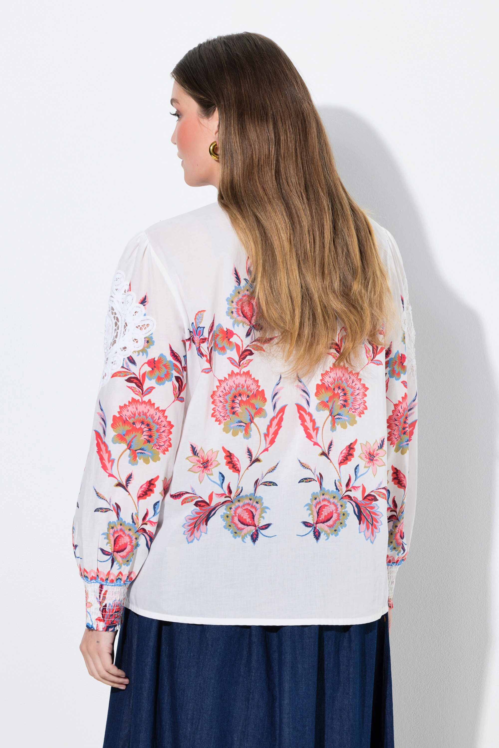 Ulla Popken Tunika Bluse Lochstickerei V-Ausschnitt Langarm