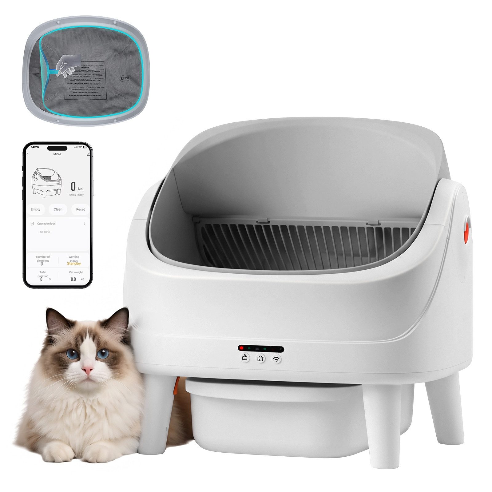 SERBASIC Katzentoilette Selbstreinigend mit App-Steuerung, 70L Großvolumen, Sicherheitssensor, Für Katzen von 1,5–20 kg, mit 8 Schutzfunktionen, Sicherheitssensor