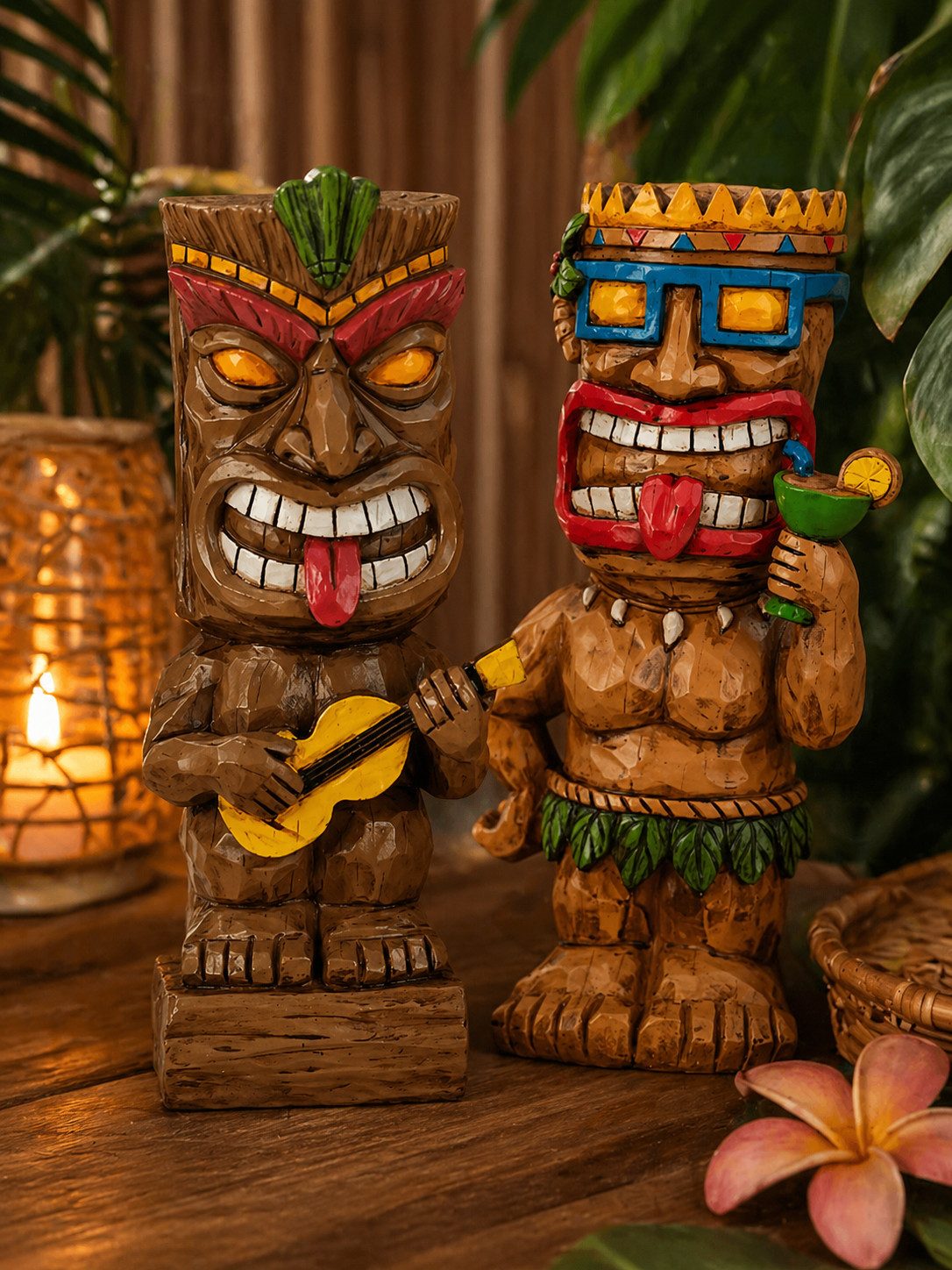 MF Afrikafigur Hawaii Tiki Figuren Set 2er lustige Deko m. Gitarre & Cocktail 33,5 cm (2 St)