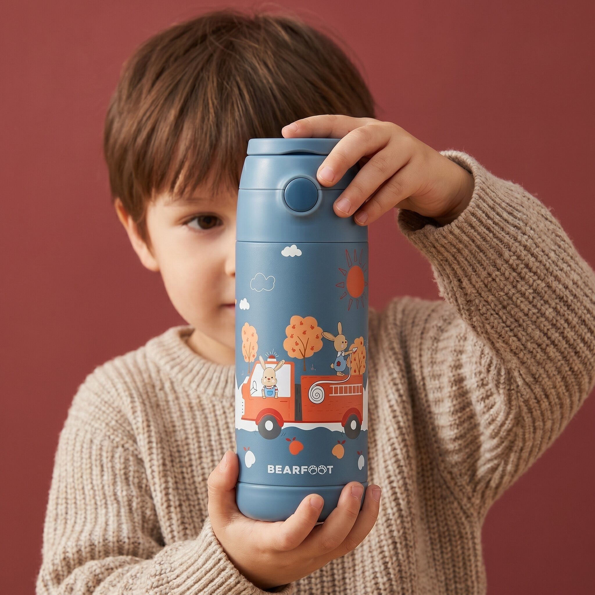 BEARFOOT Trinkflasche Thermo Kinder Trinkflasche Edelstahl - Feuerwehr Hase blau, Thermosflasche, auslaufsicher, Edelstahl, Kinderflasche, BPA-frei
