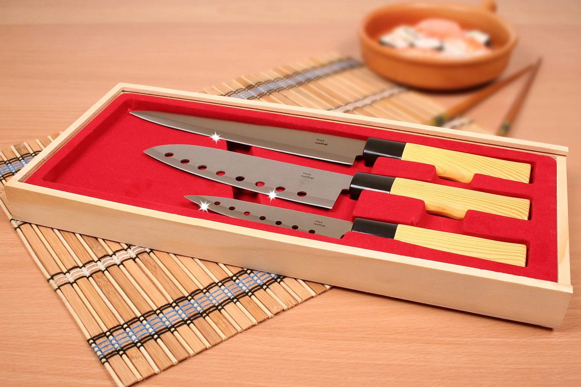 Westfalia Werkzeug Messer-Set Messer-Set Asia im Holz-Etui, 3 Messer (Set, 3-tlg., 3 Messer), 3-teilig, rostfreier Stahl, Holz-Etui