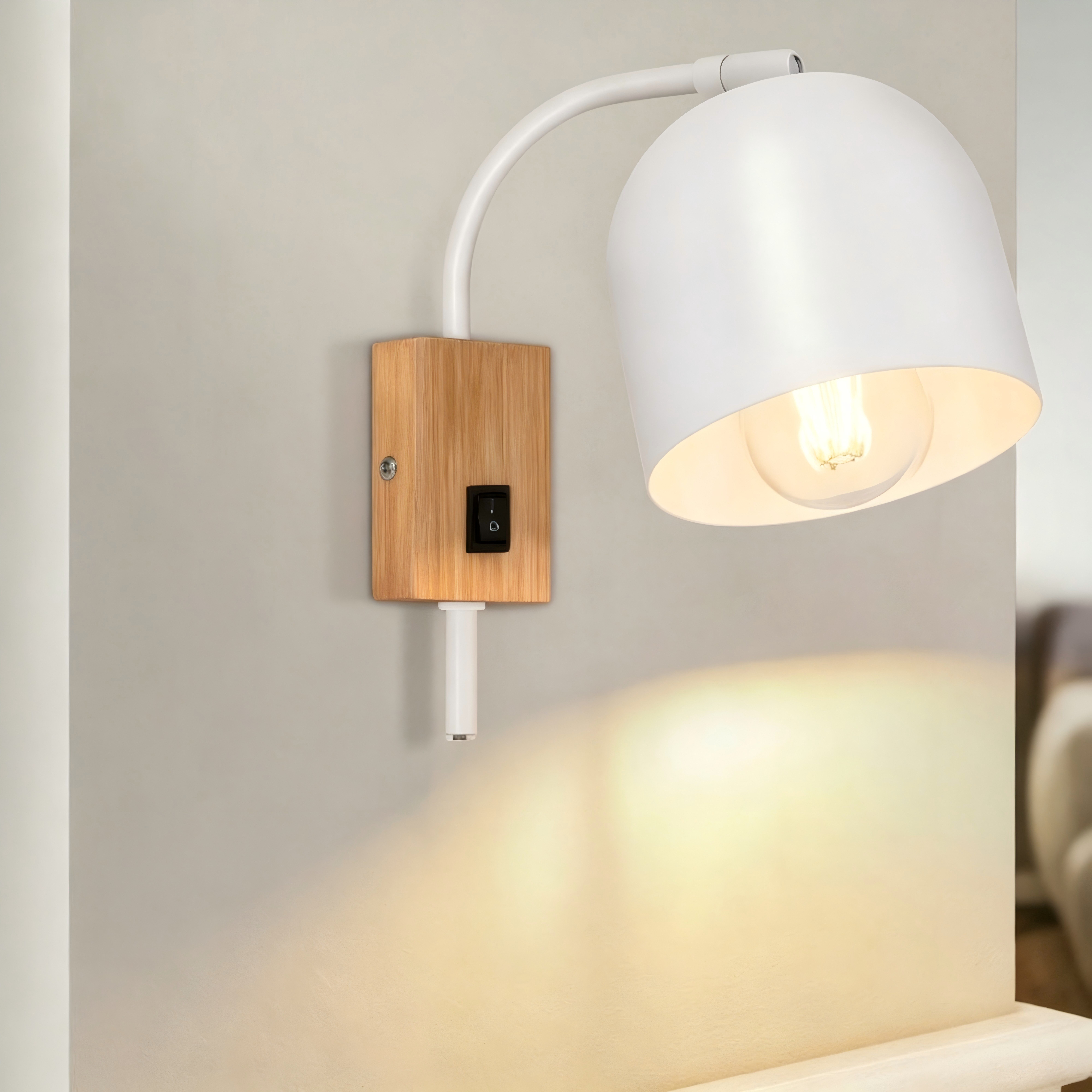 ZMH Wandleuchte Holz Vintage E27 Wandlampe 330° drehbar mit Schalter Flur Schlafzimmer, ohne Leuchtmittel, Wandkettenschalter, 1-flammig, IP20, 110–240 V, Wandmontage