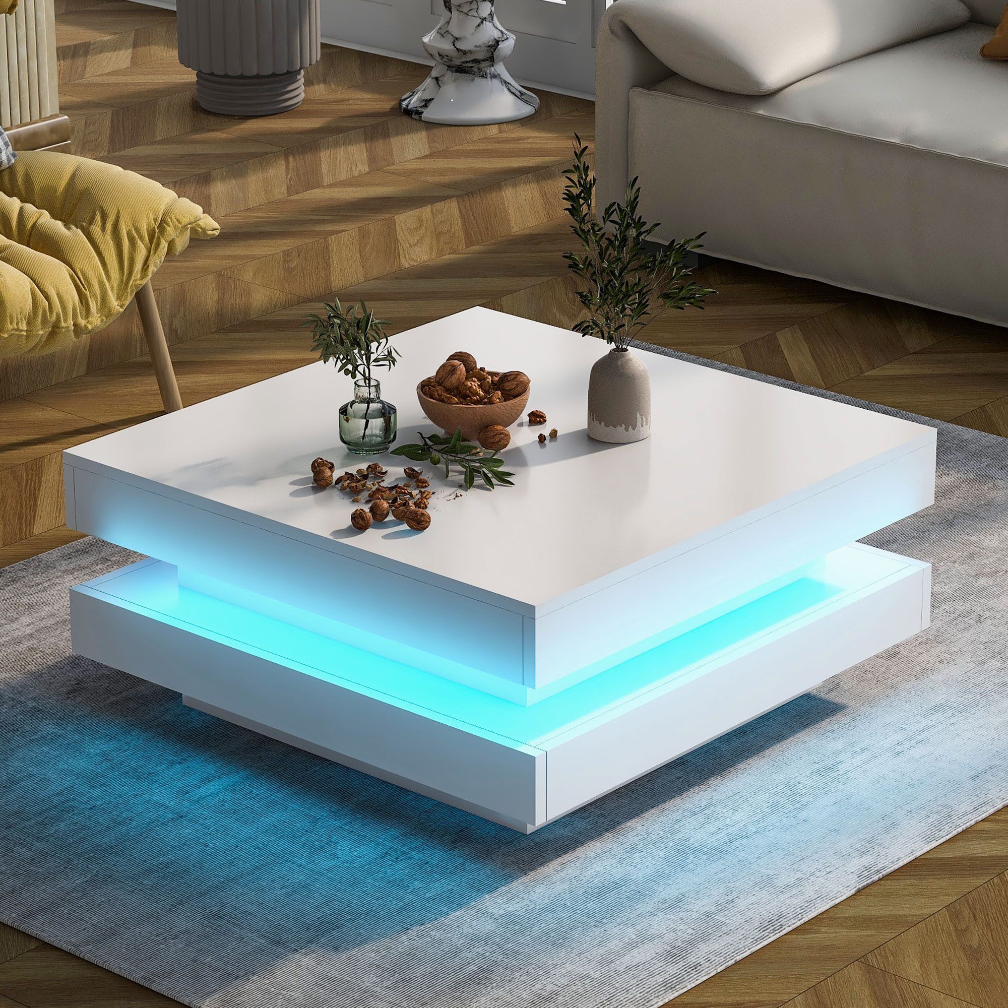 MODFU Couchtisch 70x70x36 cm, Weiß, Hochglanz (Packung, Drehbare Platte 360°, LED-Beleuchtung), Moderner Techno-Stil fürs Wohnzimmer