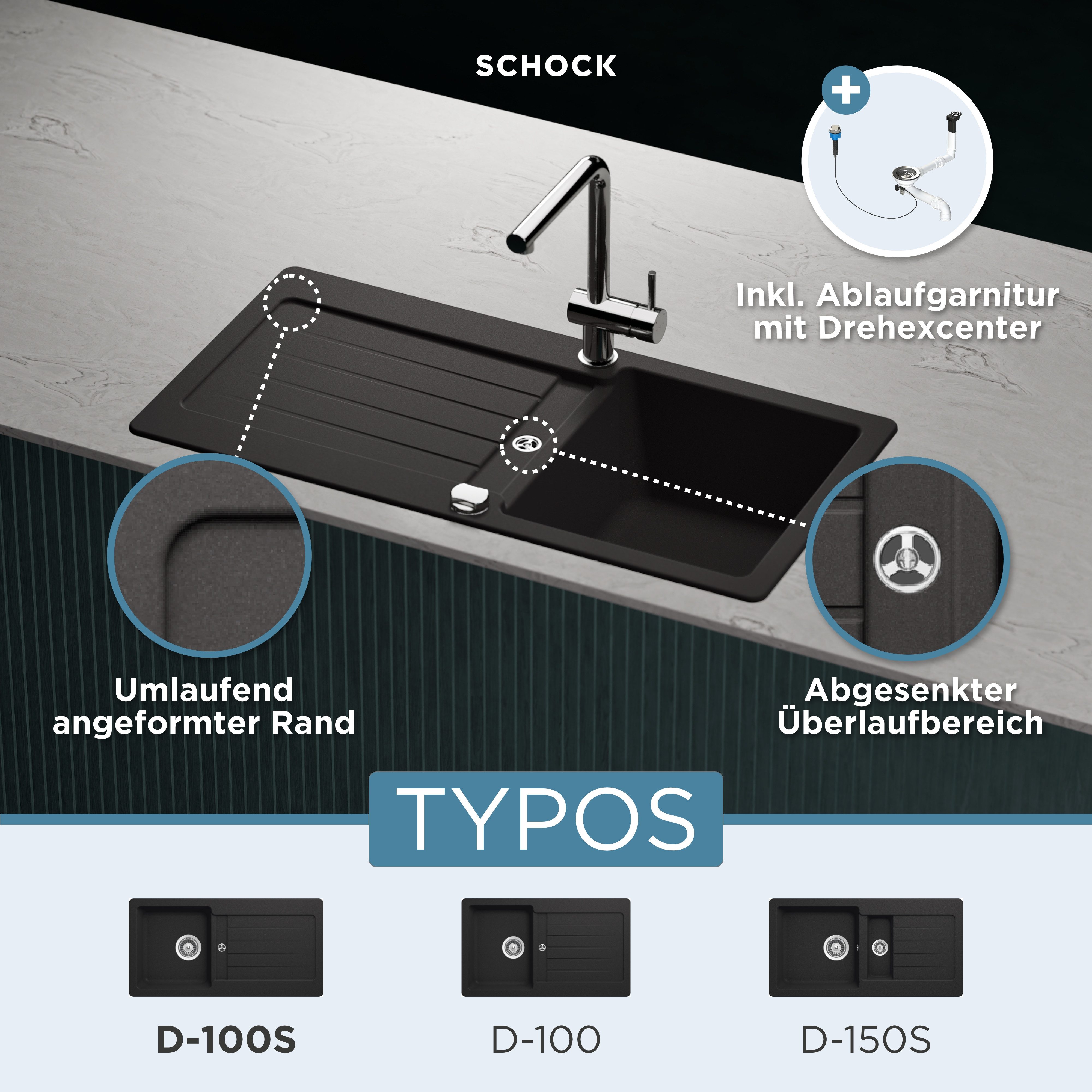 Schock Granitspüle Typos D-100 S, rechteckig, 86/43,5 cm, mit Ablauf und Abtropffläche, links und rechts einbaubar