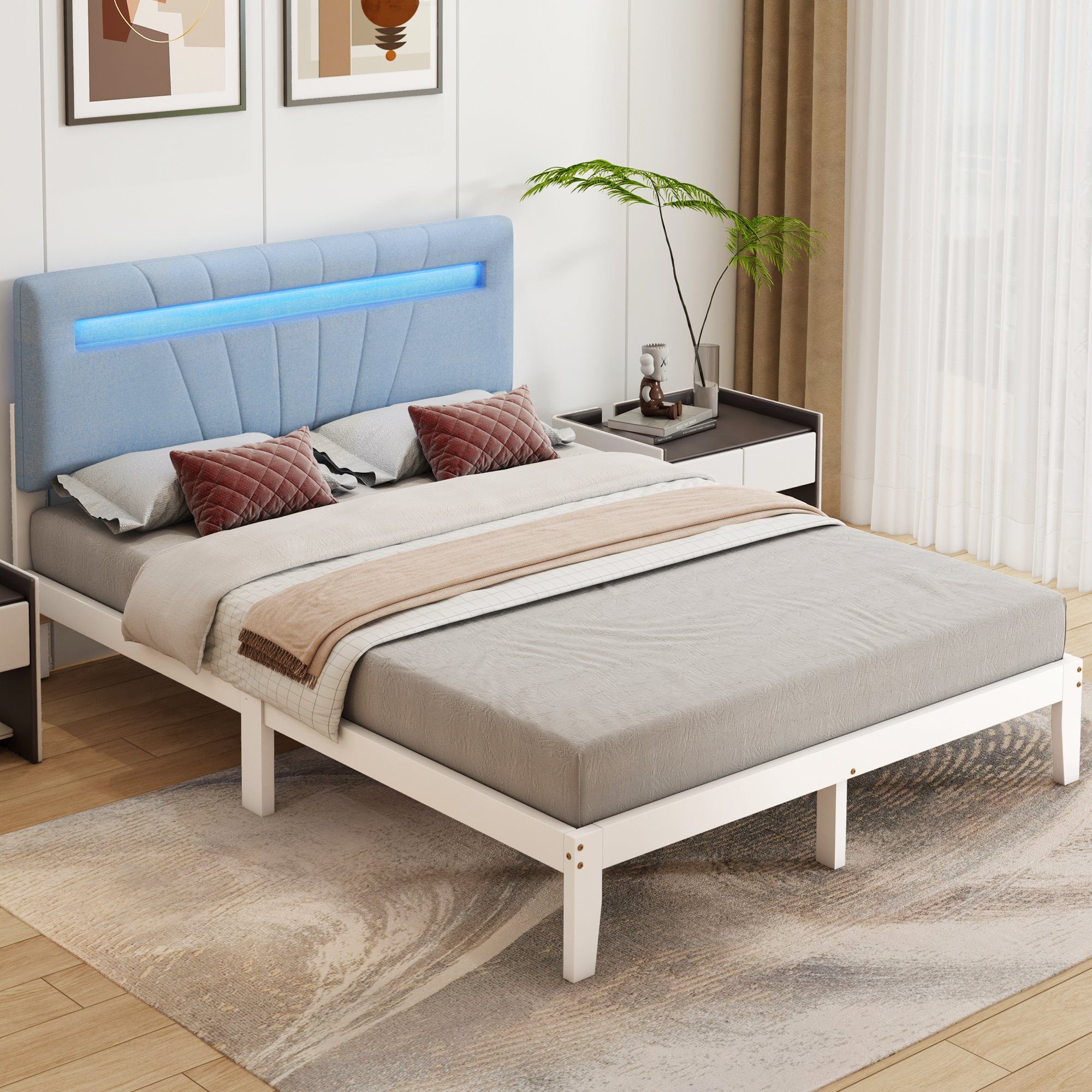 Massivholzbett (Doppelbett Jugendbett), mit LED-Beleuchtung & Polsterkopfteil, 140x200cm