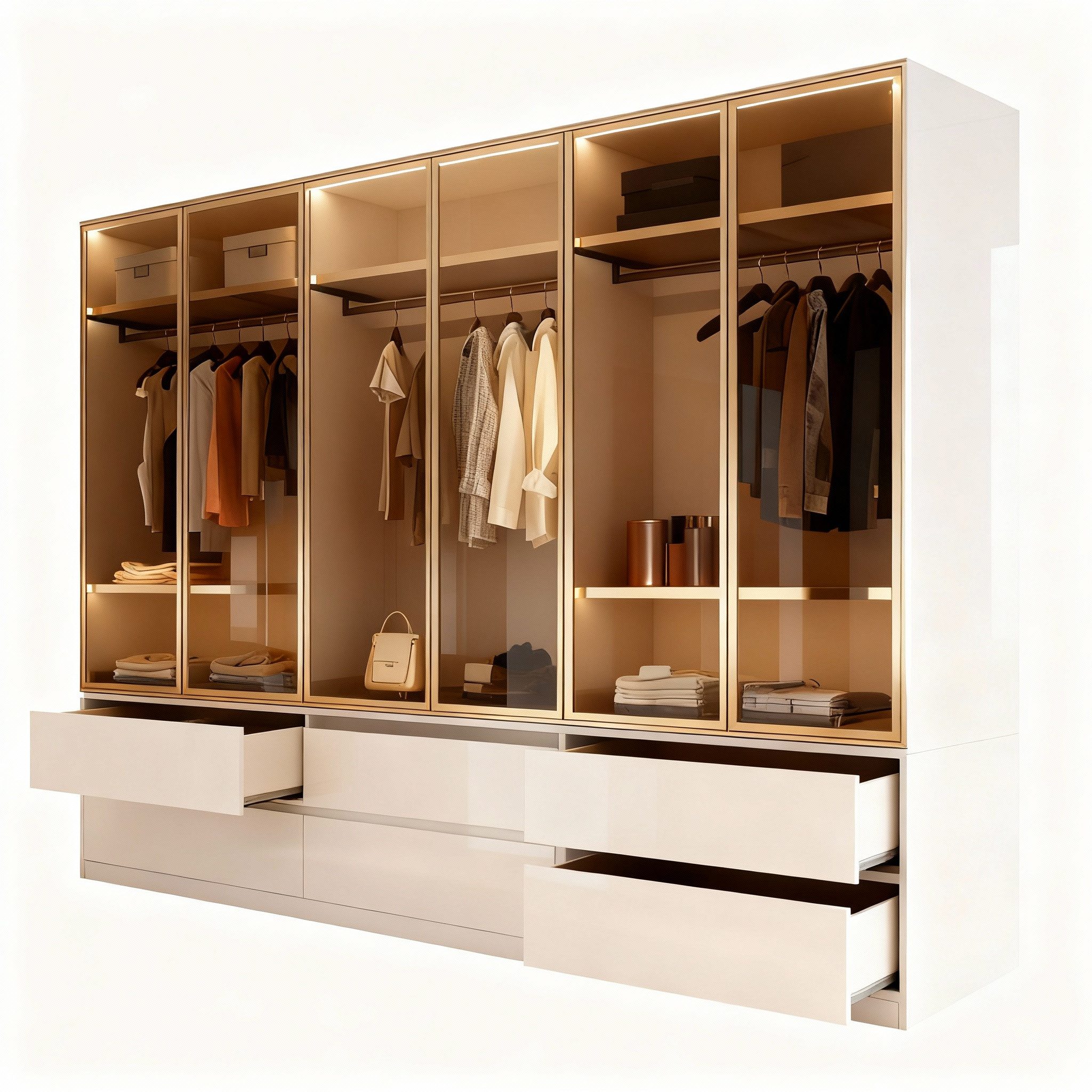 Palms-Store Kleiderschrank Luxemburg 6-Türig Glastüren mit goldfarbenen Glasrahmen (Spar-Set) Breite: 300 cm, Tiefe: 62 cm, Höhe: 218 cm, inkl. Zubehör