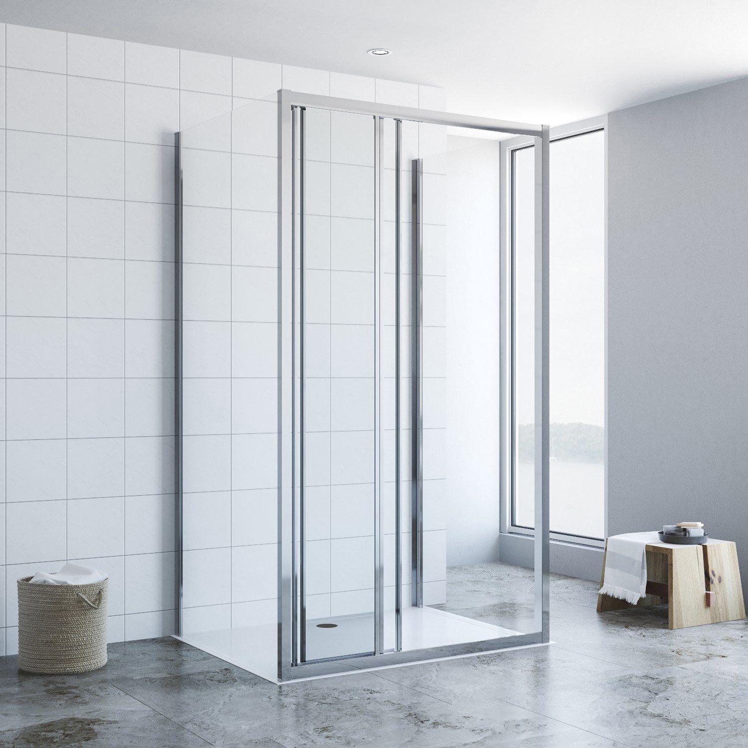 AQUALAVOS Grossraumdusche Duschkabine Eckeinstieg U-Form Schiebetür 3 Teilig mit 2 Seitenwänden, BxT: 85x90 cm, 6 mm klar Nano Einscheibensicherheitsglas (ESG), Untere Türrollen mit abklappsystem, Türöffnung: Tür öffnet nach Seite