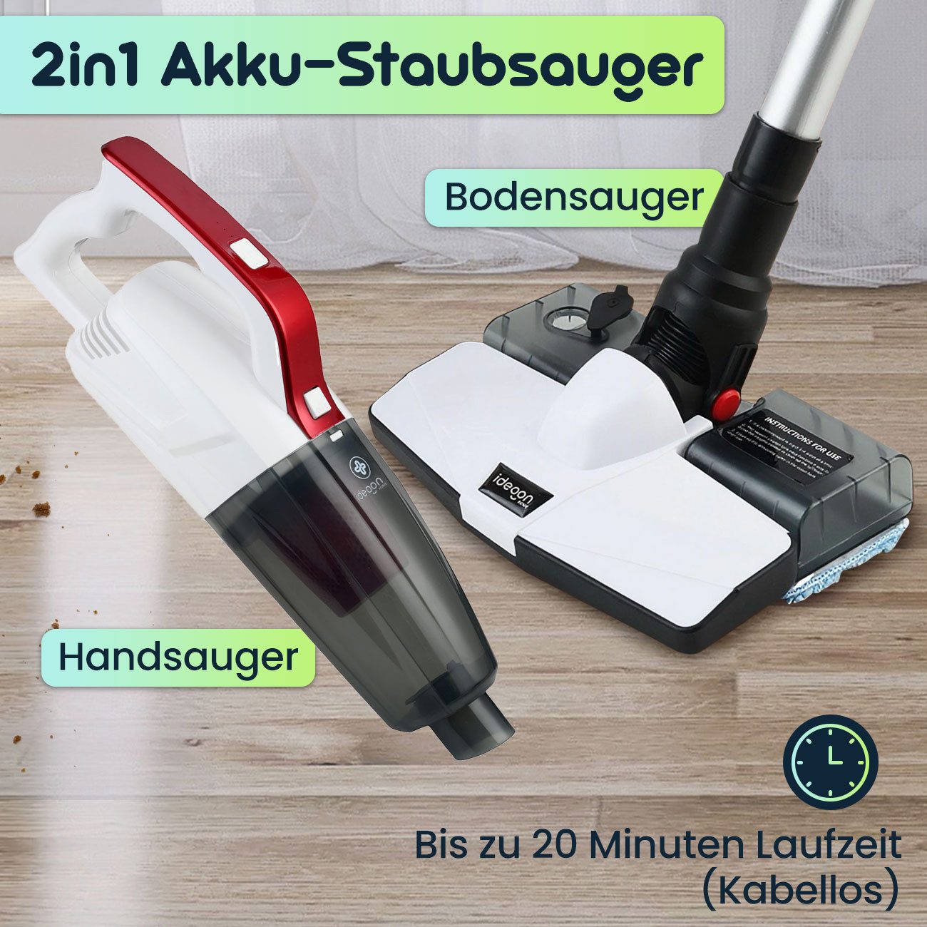 shop'n smile ideoon Akku-Handstaubsauger 2in1-Akku Staubsauger 9W Nass-&Trockensauger 7kPa beutel-&kabellos, 9 W, beutellos, Hand-&Bodensauger HEPA-Filter 2.200 mAh Li-Ion-Akku 20 Min Laufzeit