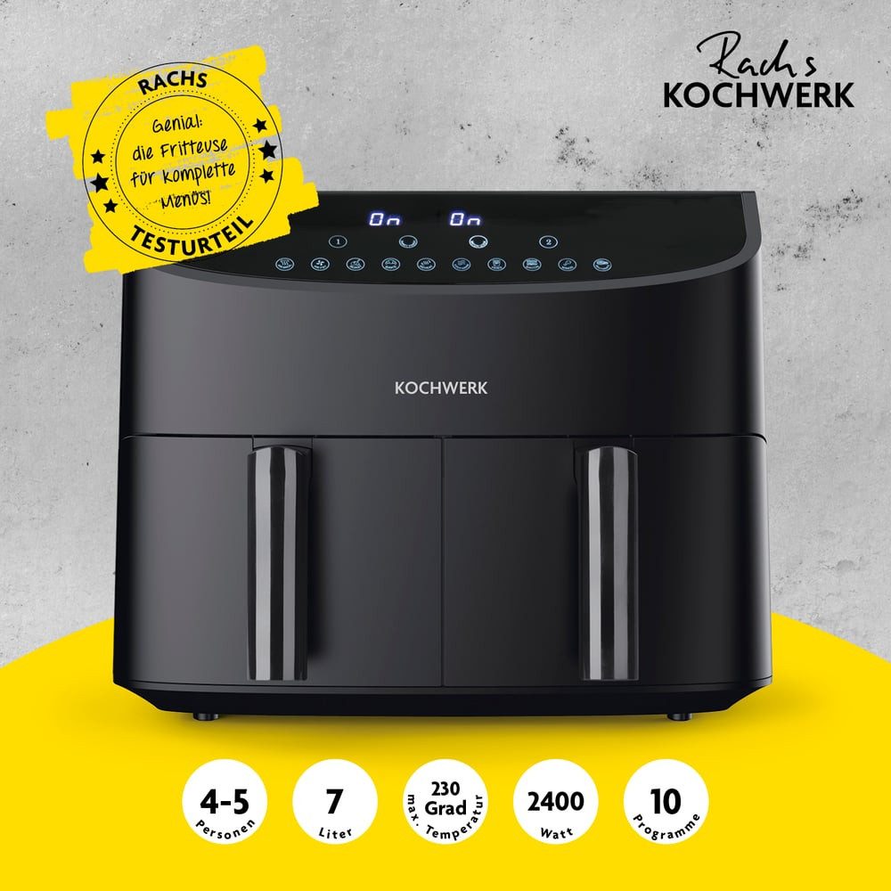 Rachs KOCHWERK Heißluftfritteuse Doppelkammer 7L digitaler Airfryer mit Touch, 2400 W, 10 Programme & 2 3,5L Kammern, Smart-Cook Funktion